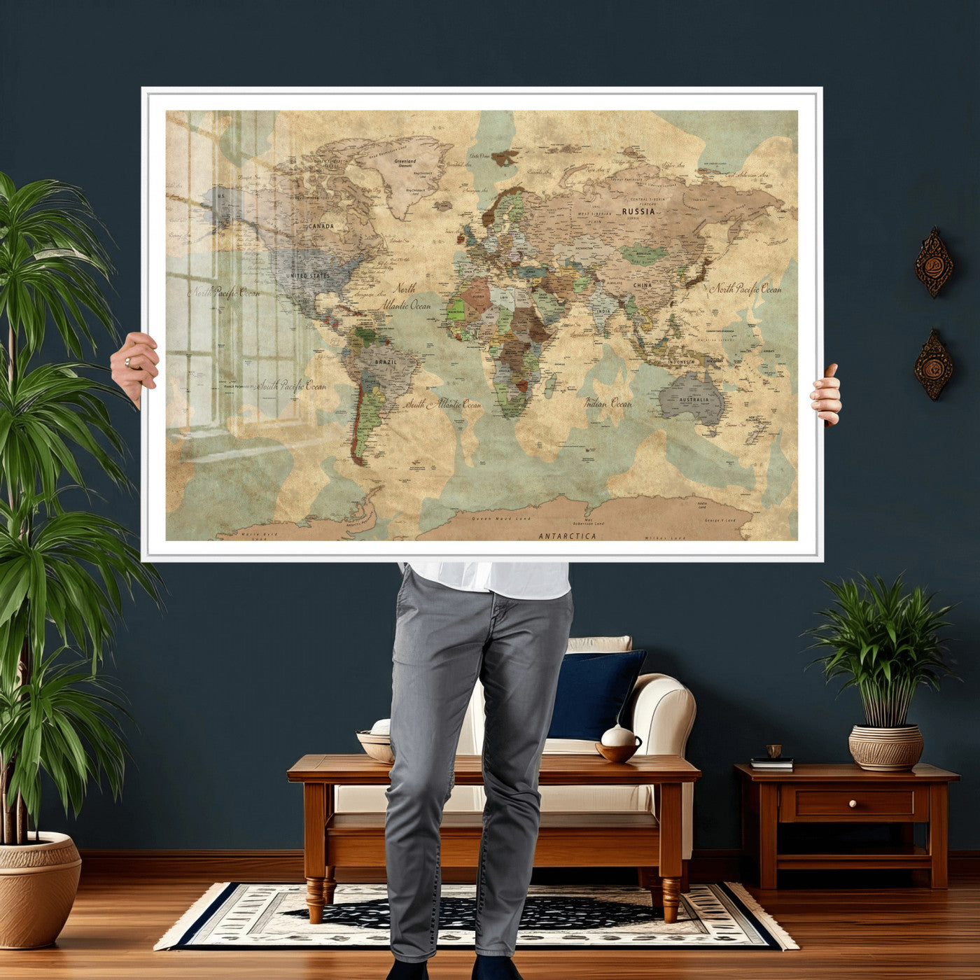72396478-MGV-CV-36X24 - World Map Wall Art Canvas Print, Modern Decorative Framed Map Artwork Prints for Living Room, Office, Bedroom Wall Decor