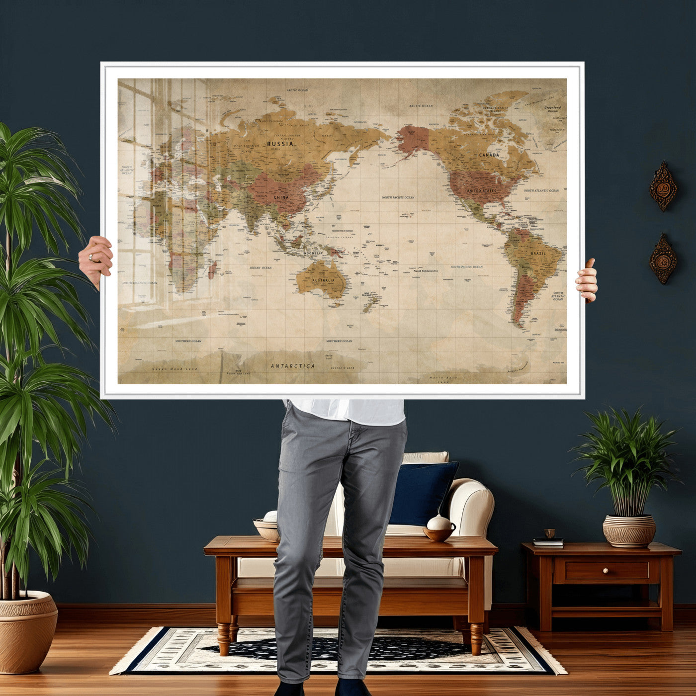 83478963-MGV-CV-36X24 - World Map Wall Art Canvas Print, Modern Decorative Framed Map Artwork Prints for Living Room, Office, Bedroom Wall Decor