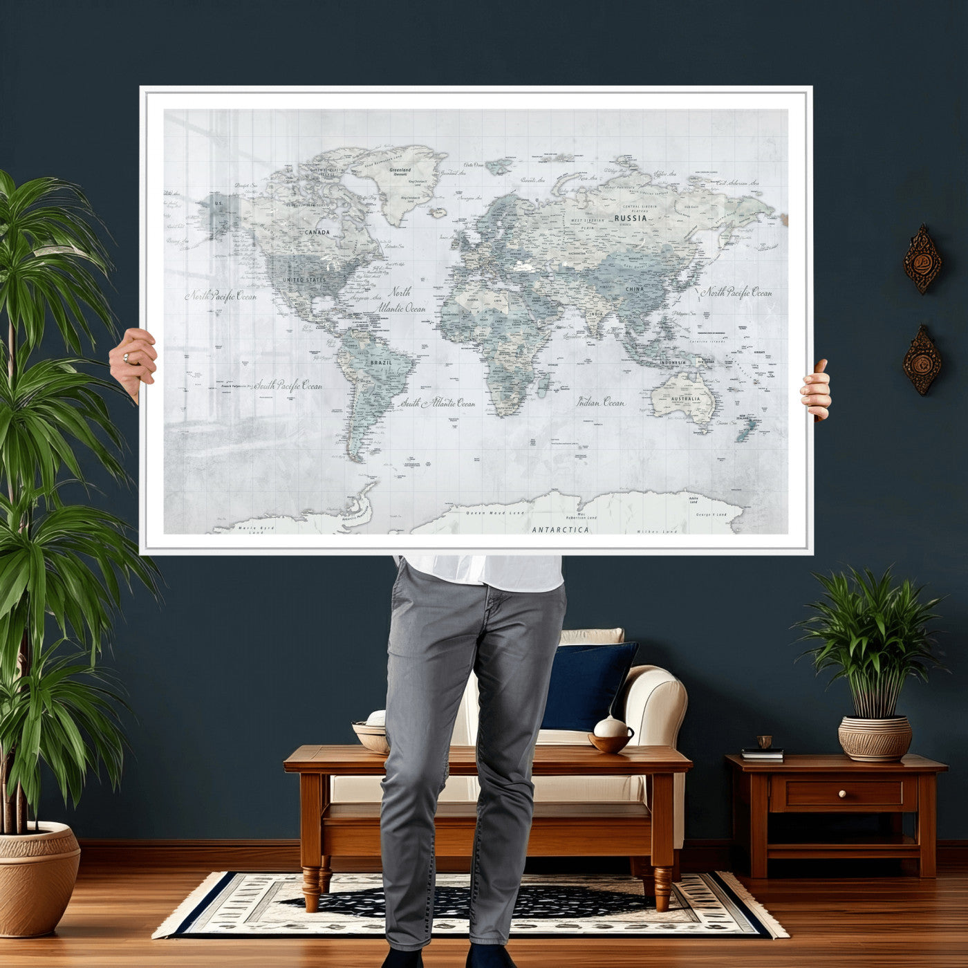 71091917-MGV-CV-36X24 - World Map Wall Art Canvas Print, Modern Decorative Framed Map Artwork Prints for Living Room, Office, Bedroom Wall Decor