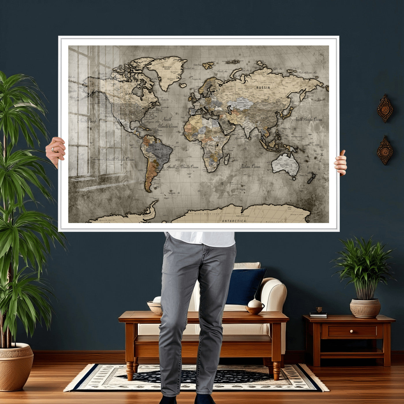 85218700-MGV-CV-36X24 - World Map Wall Art Canvas Print, Modern Decorative Framed Map Artwork Prints for Living Room, Office, Bedroom Wall Decor