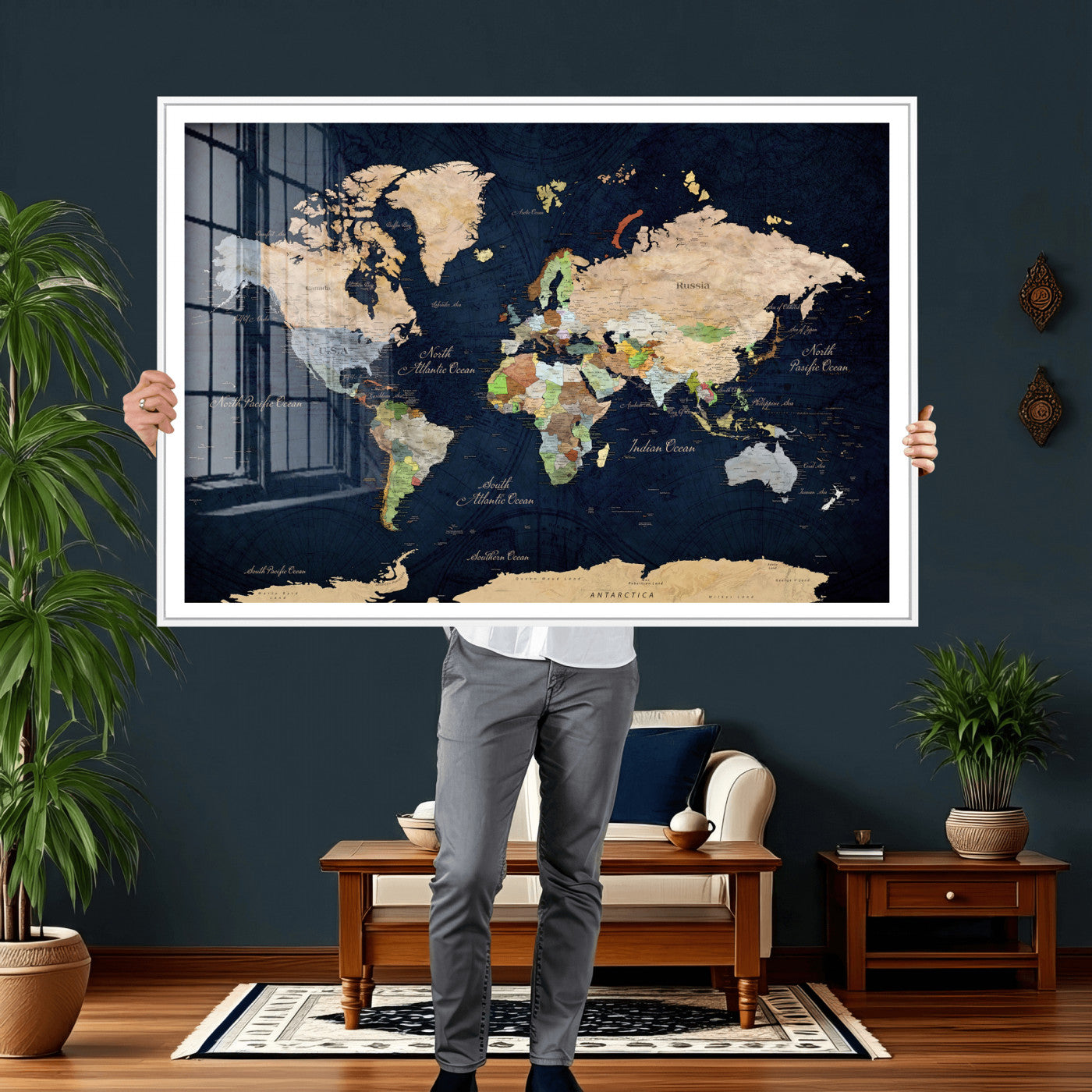 76603563-MGV-CV-36X24 - World Map Wall Art Canvas Print, Modern Decorative Framed Map Artwork Prints for Living Room, Office, Bedroom Wall Decor