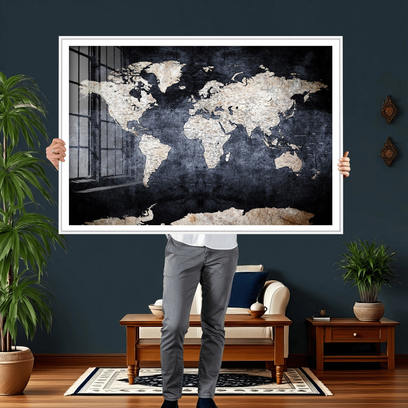 41193404-MGV-CV-36X24 - World Map Wall Art Canvas Print, Modern Decorative Framed Map Artwork Prints for Living Room, Office, Bedroom Wall Decor