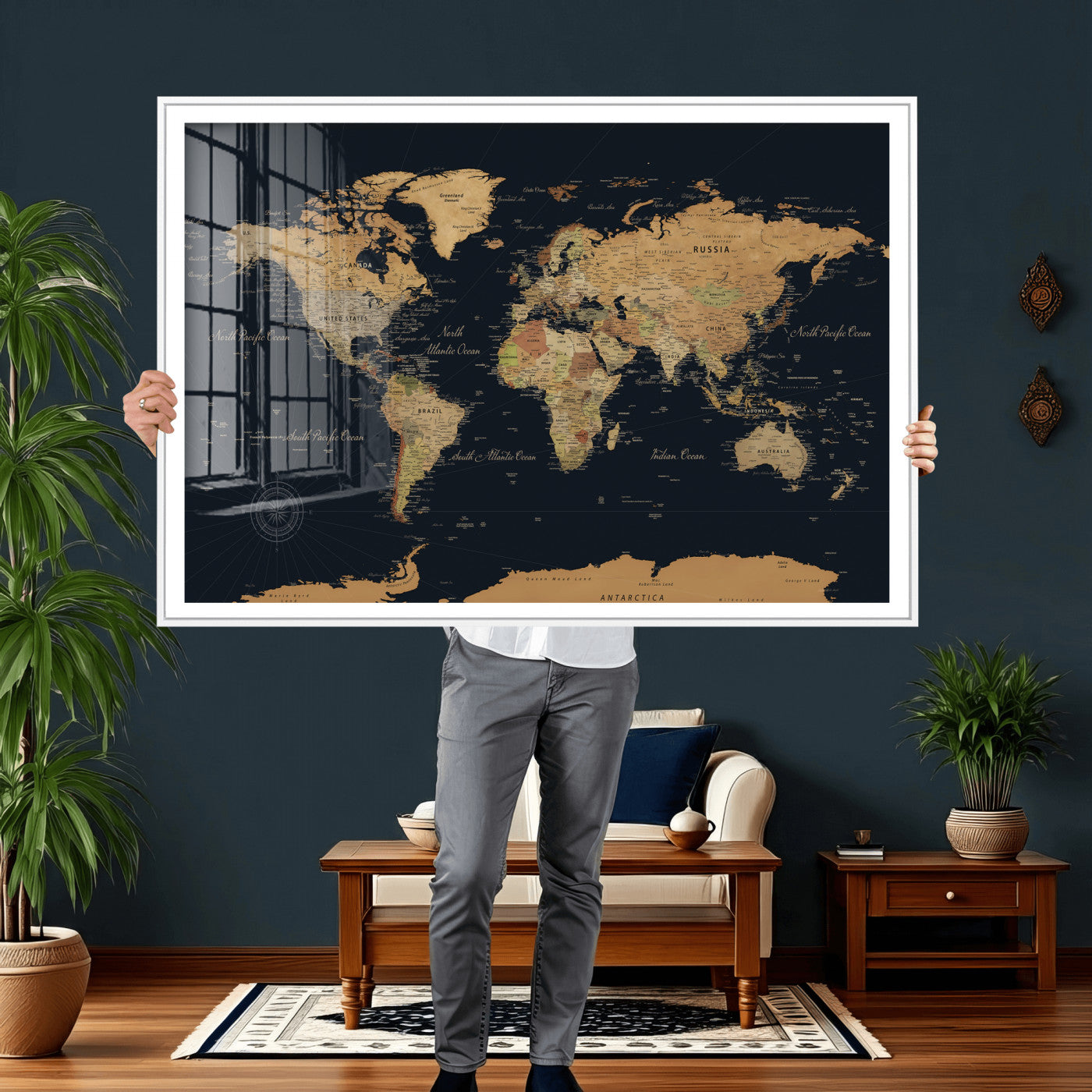 87280374-MGV-CV-36X24 - World Map Wall Art Canvas Print, Modern Decorative Framed Map Artwork Prints for Living Room, Office, Bedroom Wall Decor