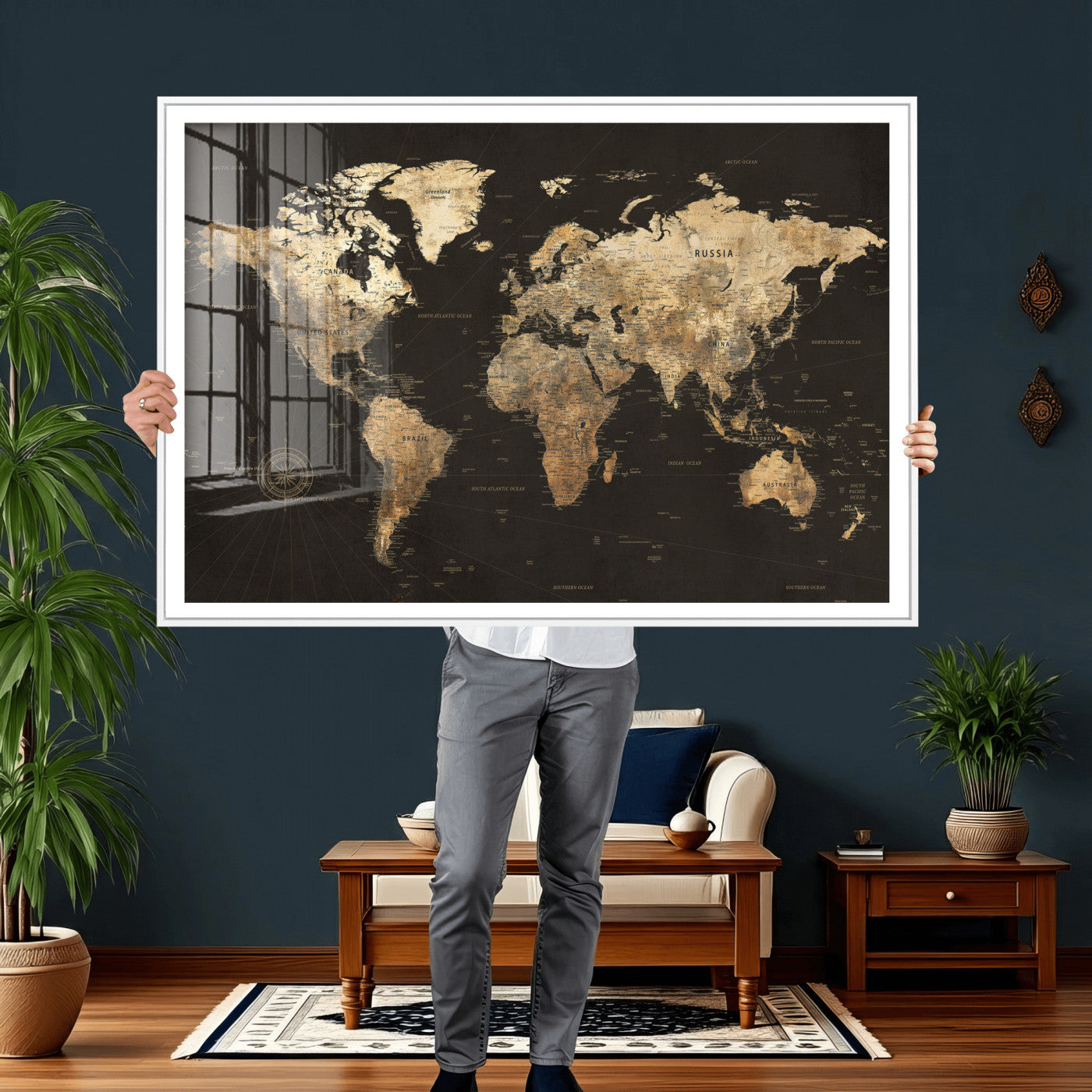 70985630-MGV-CV-36X24 - World Map Wall Art Canvas Print, Modern Decorative Framed Map Artwork Prints for Living Room, Office, Bedroom Wall Decor