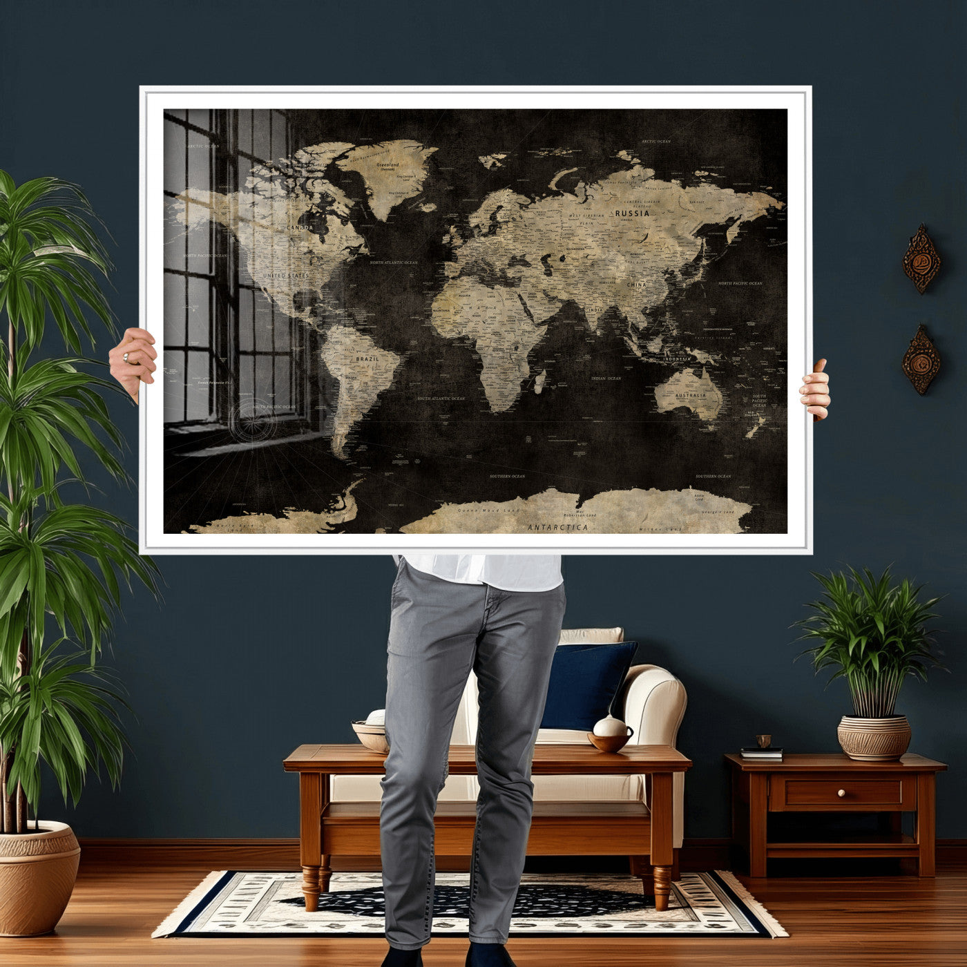 60653880-MGV-CV-36X24 - World Map Wall Art Canvas Print, Modern Decorative Framed Map Artwork Prints for Living Room, Office, Bedroom Wall Decor