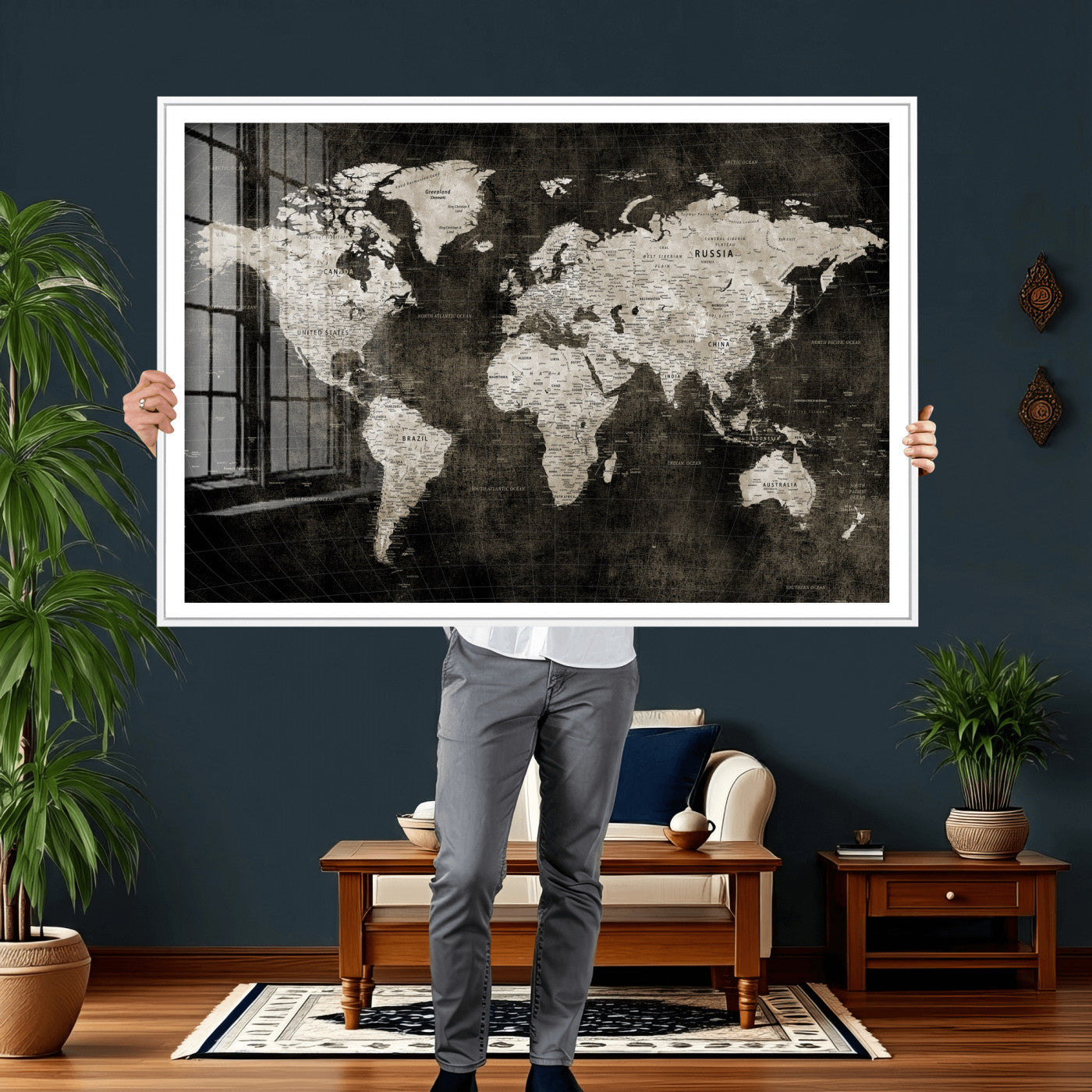 94581666-MGV-CV-36X24 - World Map Wall Art Canvas Print, Modern Decorative Framed Map Artwork Prints for Living Room, Office, Bedroom Wall Decor