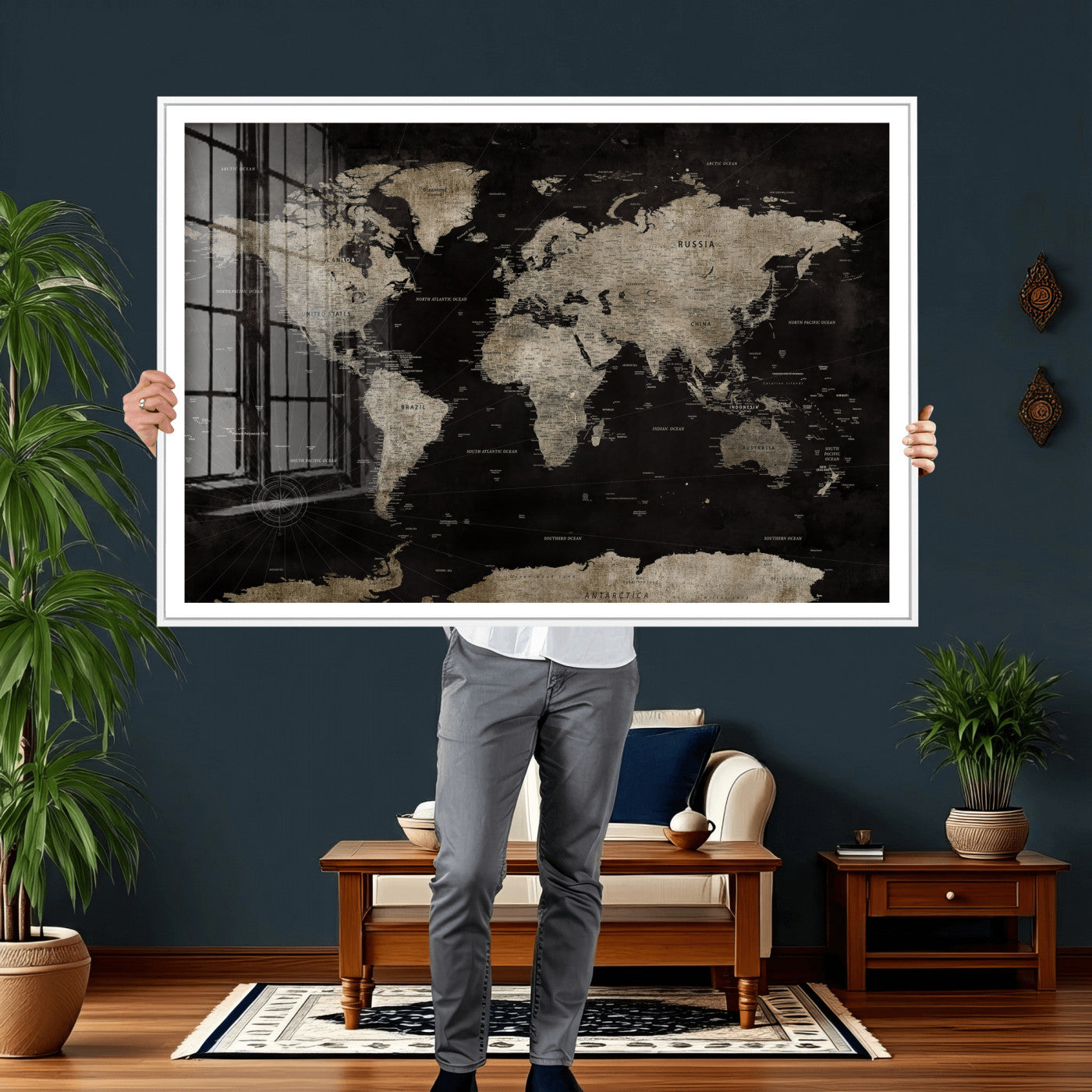 56225956-MGV-CV-36X24 - World Map Wall Art Canvas Print, Modern Decorative Framed Map Artwork Prints for Living Room, Office, Bedroom Wall Decor