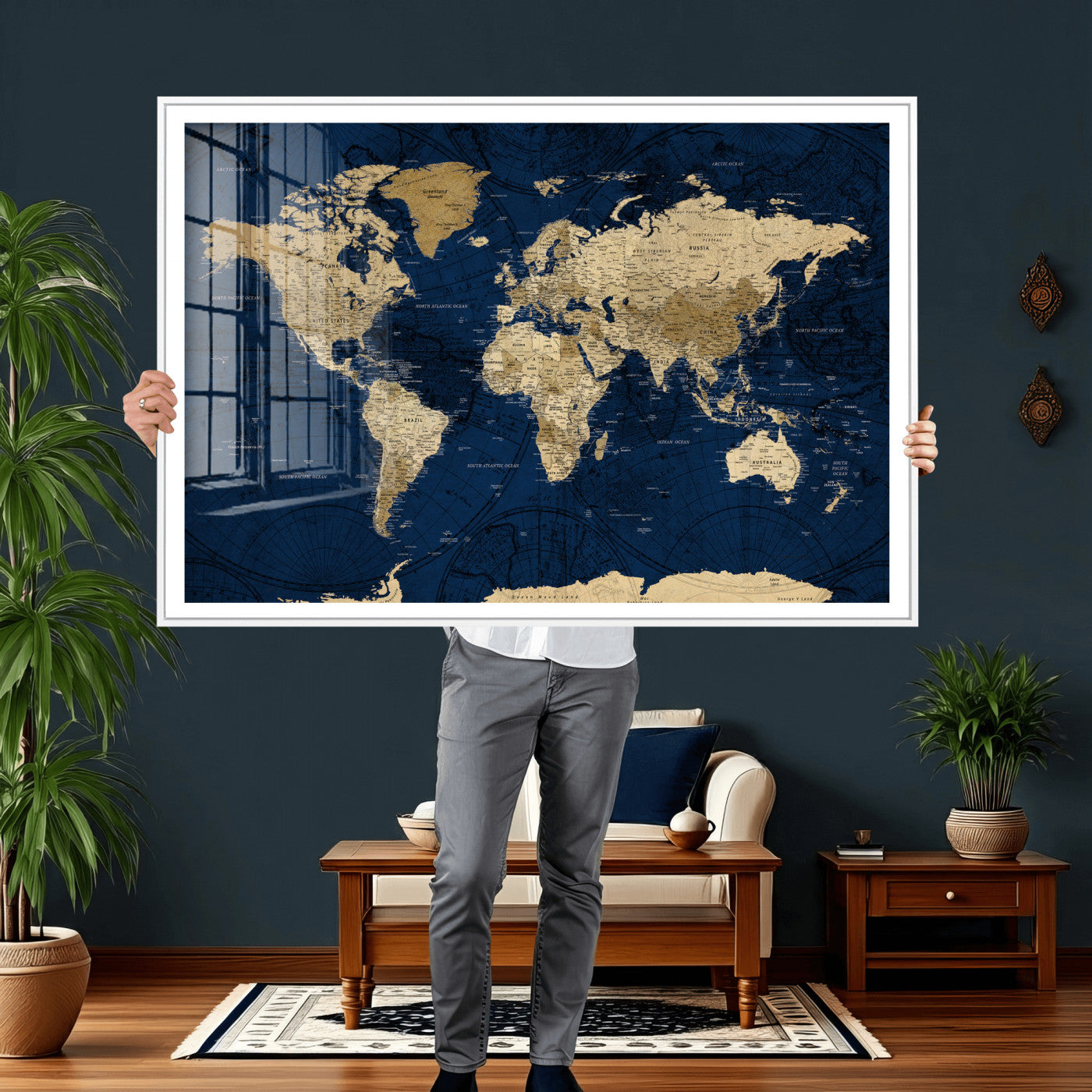 54770746-MGV-CV-36X24 - World Map Wall Art Canvas Print, Modern Decorative Framed Map Artwork Prints for Living Room, Office, Bedroom Wall Decor