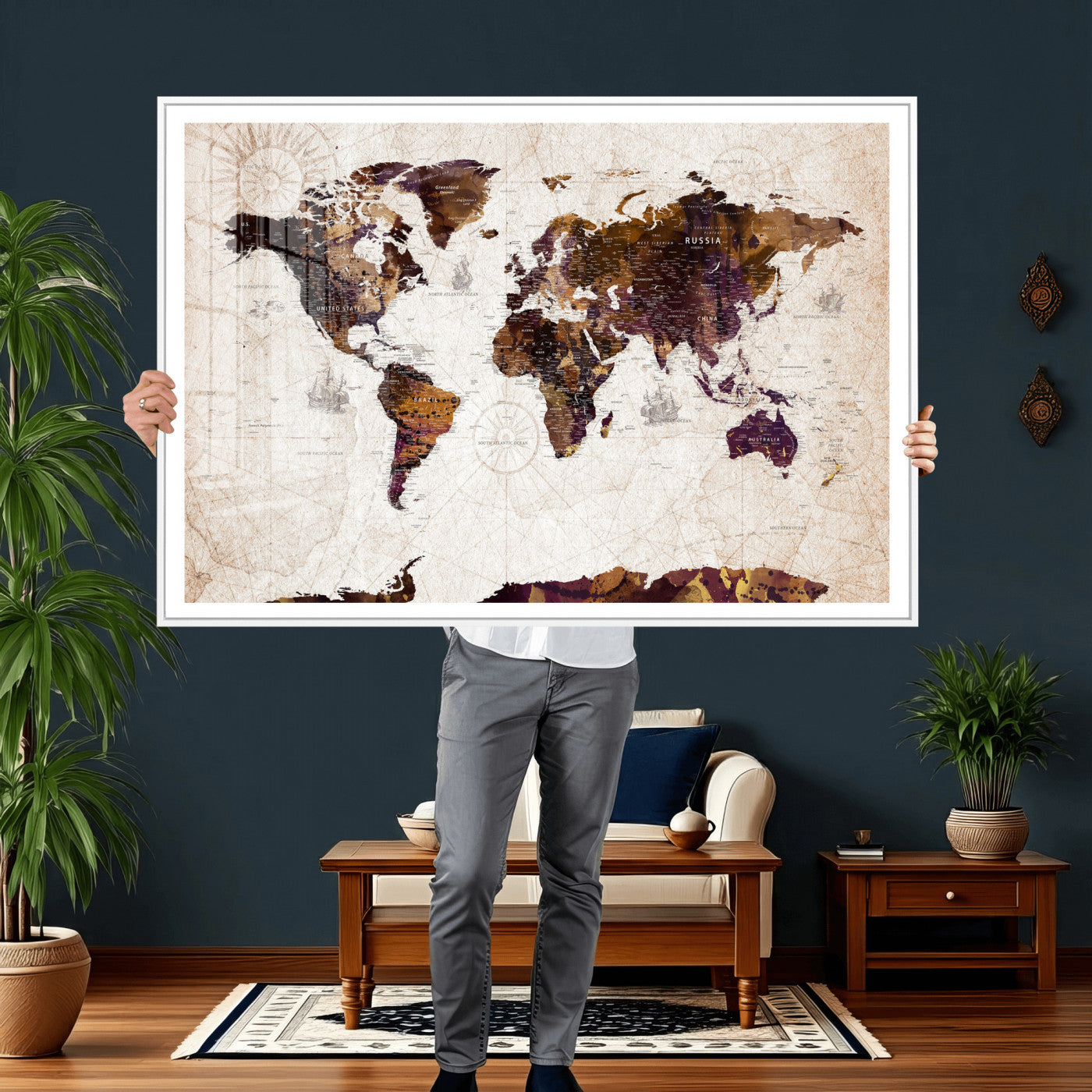 53400857-MGV-CV-36X24 - World Map Wall Art Canvas Print, Modern Decorative Framed Map Artwork Prints for Living Room, Office, Bedroom Wall Decor