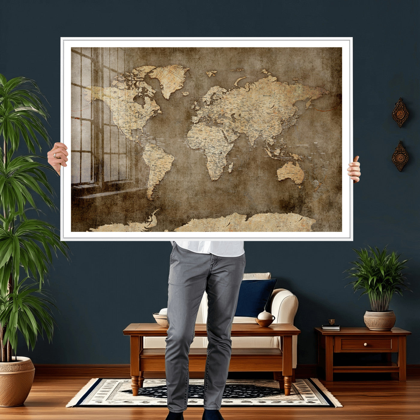 35847542-MGV-CV-36X24 - World Map Wall Art Canvas Print, Modern Decorative Framed Map Artwork Prints for Living Room, Office, Bedroom Wall Decor