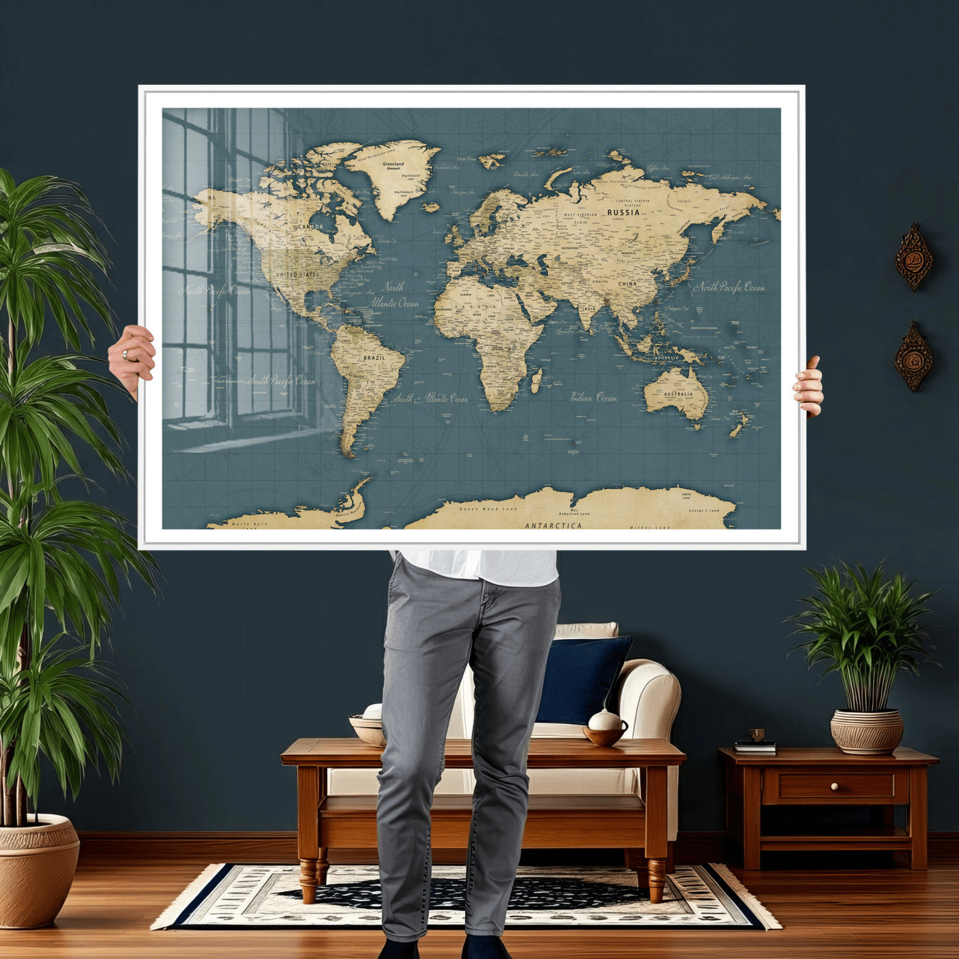 99599383-MGV-CV-36X24 - World Map Wall Art Canvas Print, Modern Decorative Framed Map Artwork Prints for Living Room, Office, Bedroom Wall Decor