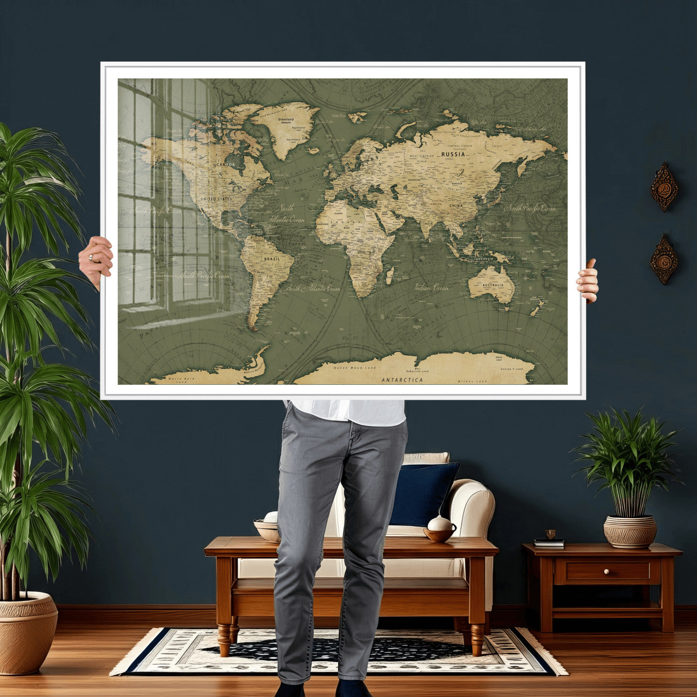 75846040-MGV-CV-36X24 - World Map Wall Art Canvas Print, Modern Decorative Framed Map Artwork Prints for Living Room, Office, Bedroom Wall Decor