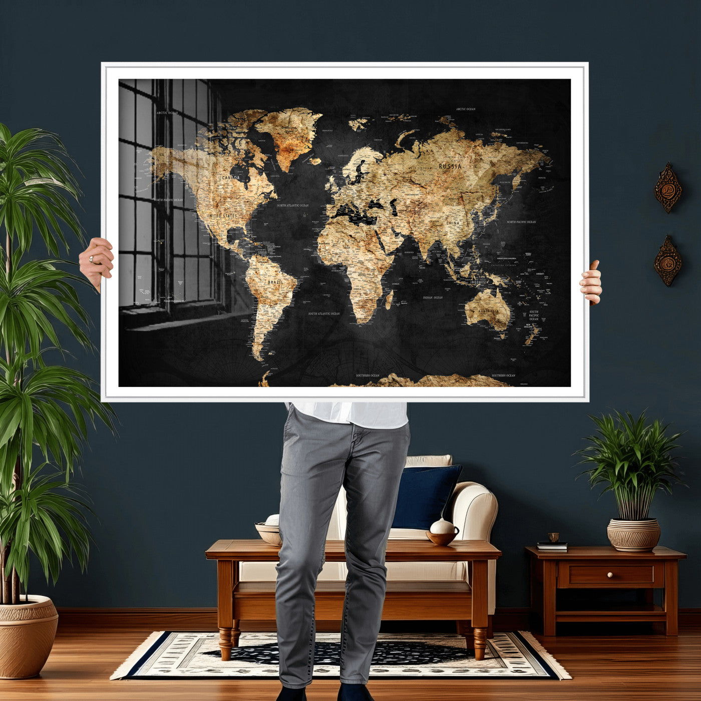 23568589-MGV-CV-36X24 - World Map Wall Art Canvas Print, Modern Decorative Framed Map Artwork Prints for Living Room, Office, Bedroom Wall Decor