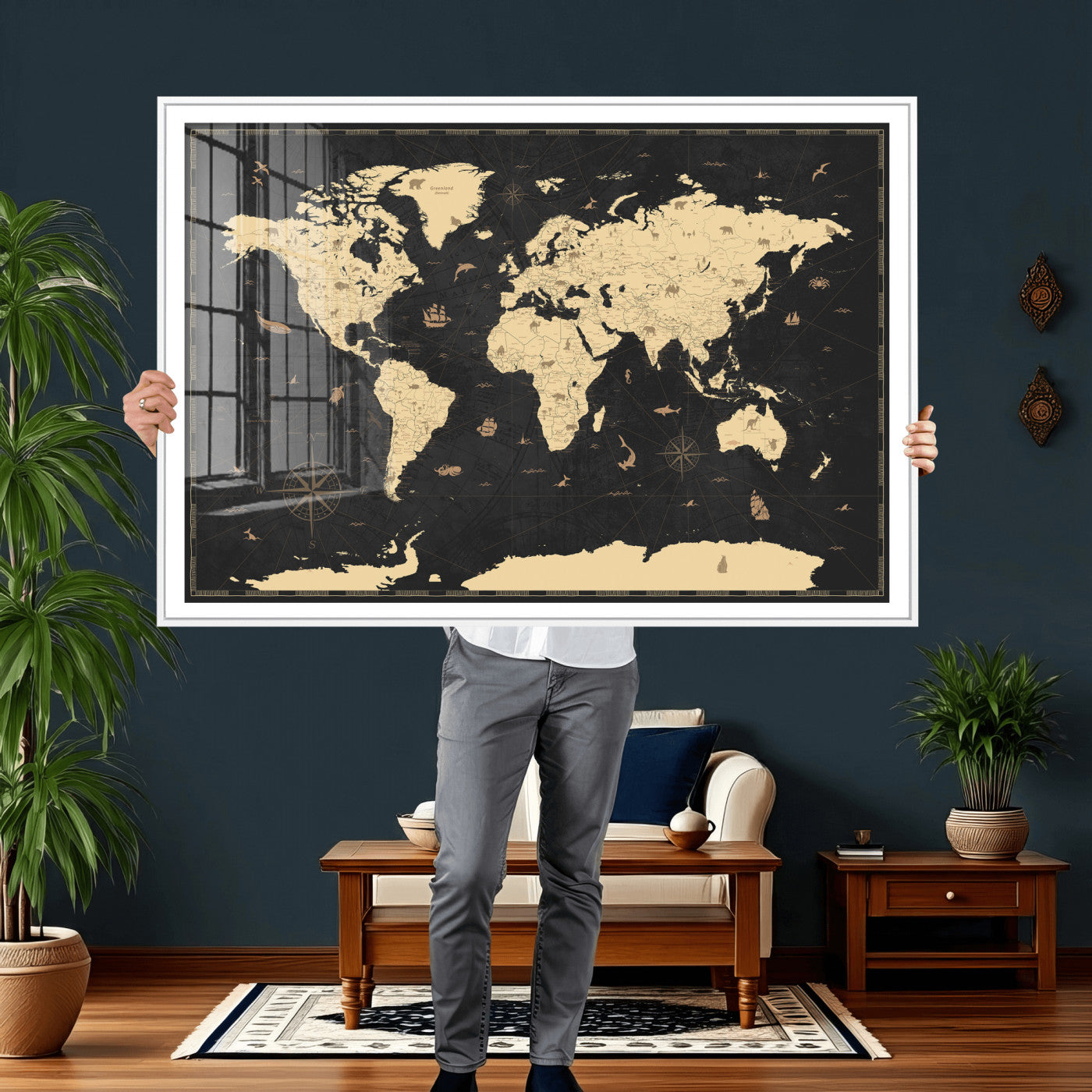 75220264-MGV-CV-36X24 - World Map Wall Art Canvas Print, Modern Decorative Framed Map Artwork Prints for Living Room, Office, Bedroom Wall Decor