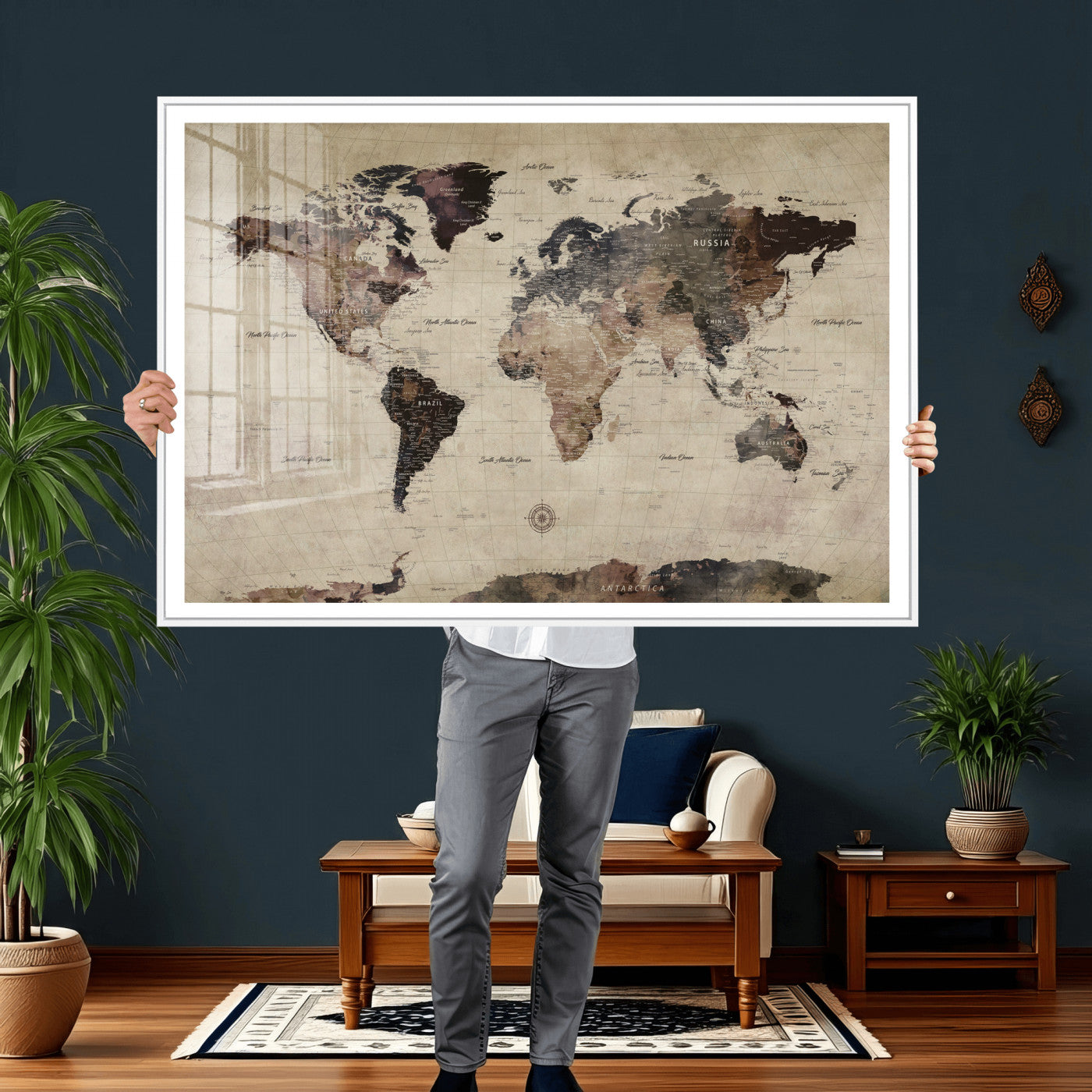 60560672-MGV-CV-36X24 - World Map Wall Art Canvas Print, Modern Decorative Framed Map Artwork Prints for Living Room, Office, Bedroom Wall Decor