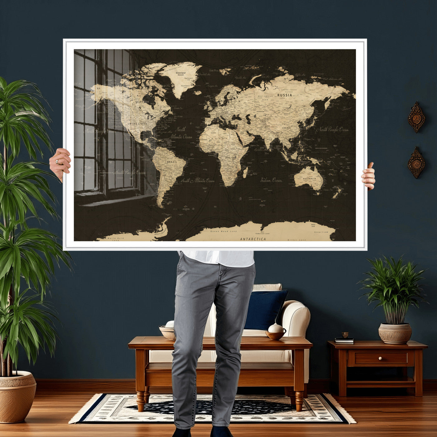89024244-MGV-CV-36X24 - World Map Wall Art Canvas Print, Modern Decorative Framed Map Artwork Prints for Living Room, Office, Bedroom Wall Decor