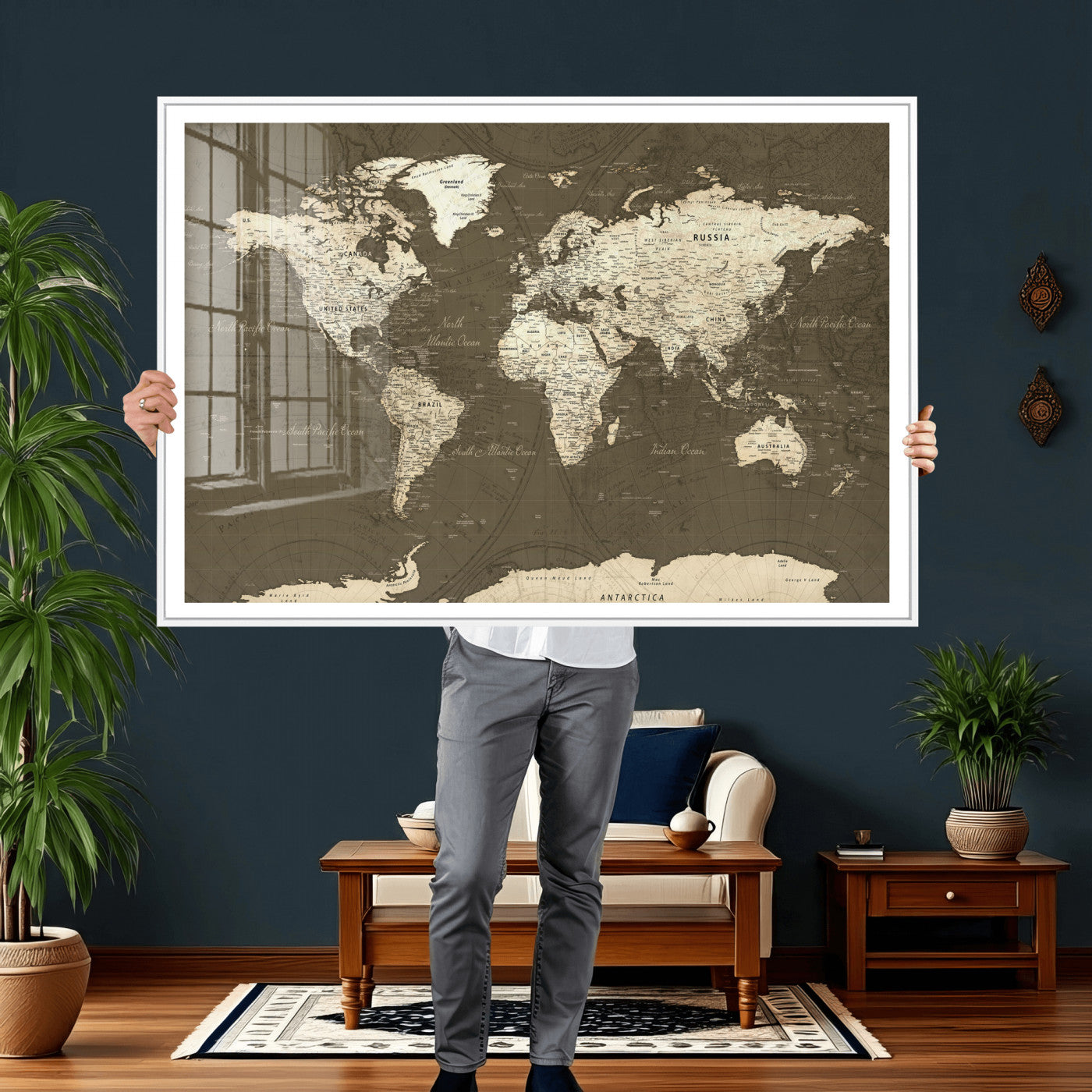 33202610-MGV-CV-36X24 - World Map Wall Art Canvas Print, Modern Decorative Framed Map Artwork Prints for Living Room, Office, Bedroom Wall Decor