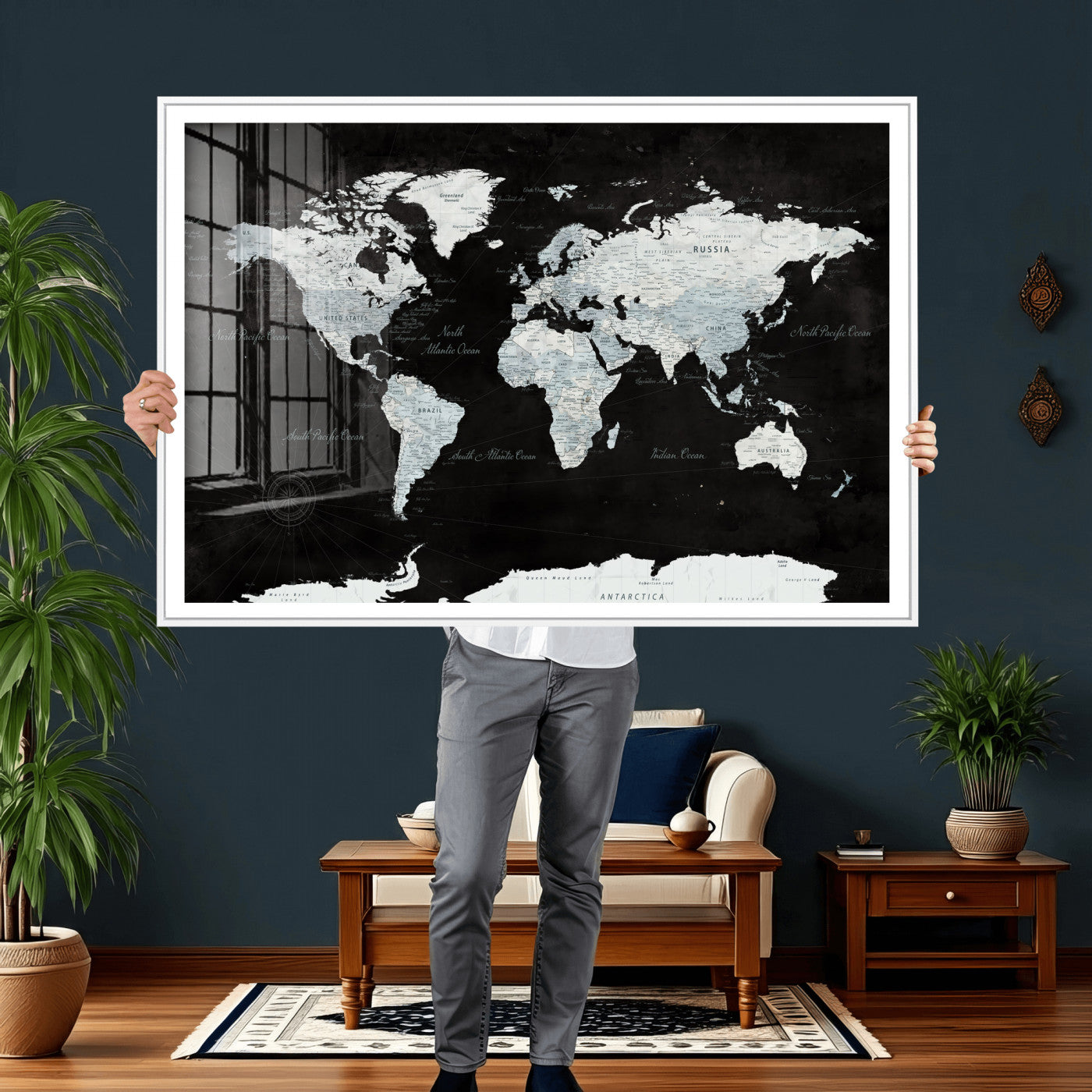 28664806-MGV-CV-36X24 - World Map Wall Art Canvas Print, Modern Decorative Framed Map Artwork Prints for Living Room, Office, Bedroom Wall Decor