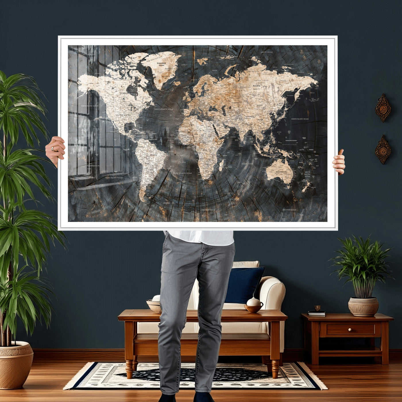 89162112-MGV-CV-36X24 - World Map Wall Art Canvas Print, Modern Decorative Framed Map Artwork Prints for Living Room, Office, Bedroom Wall Decor