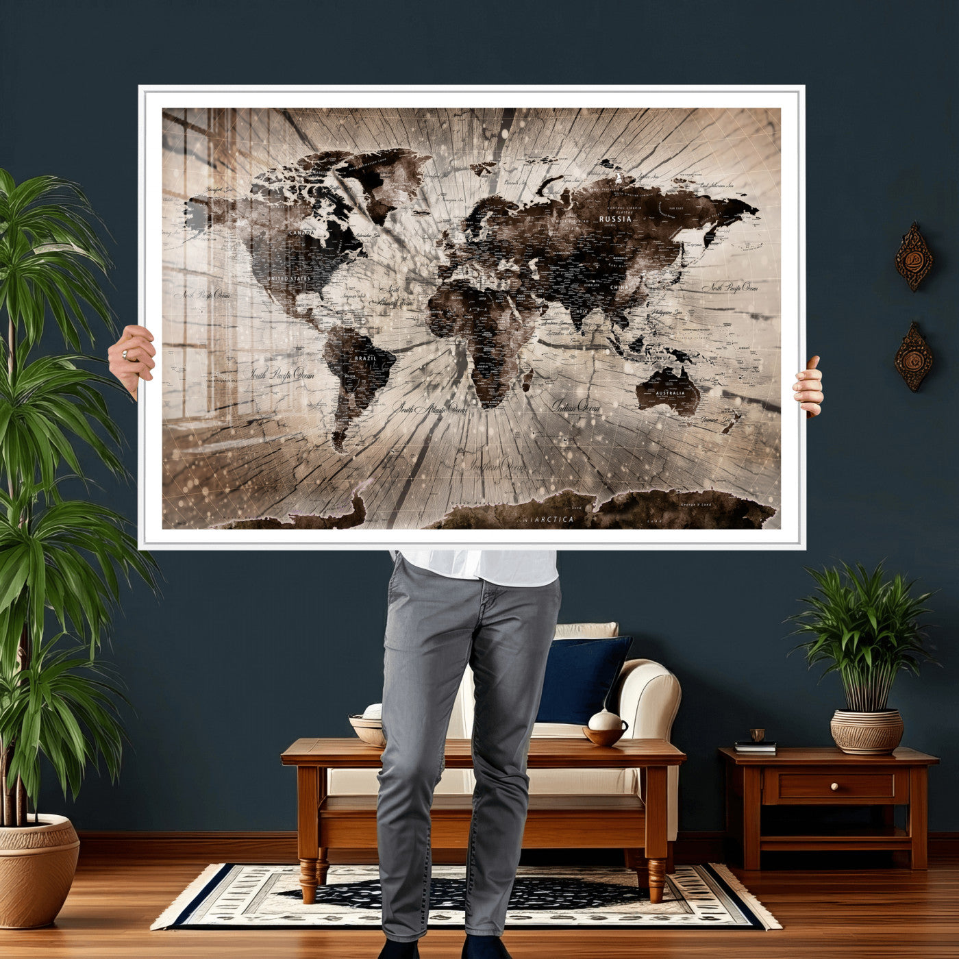 94623295-MGV-CV-36X24 - World Map Wall Art Canvas Print, Modern Decorative Framed Map Artwork Prints for Living Room, Office, Bedroom Wall Decor