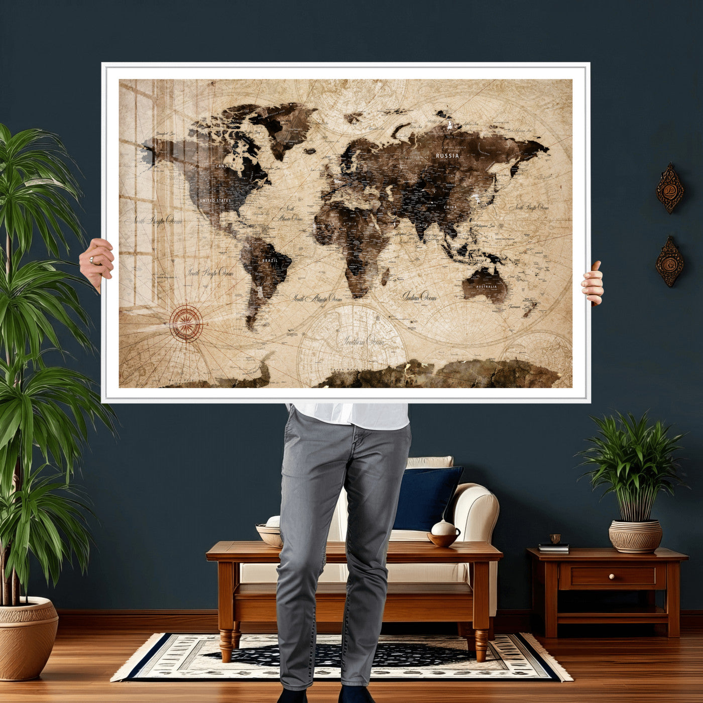 47657418-MGV-CV-36X24 - World Map Wall Art Canvas Print, Modern Decorative Framed Map Artwork Prints for Living Room, Office, Bedroom Wall Decor