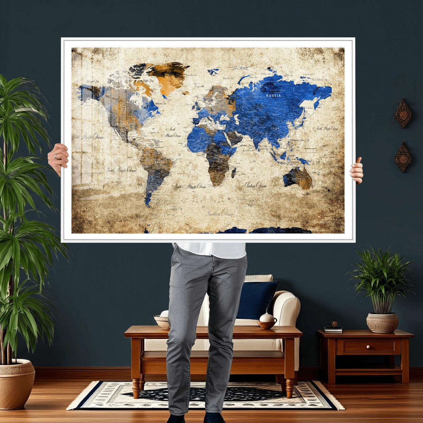 27314341-MGV-CV-36X24 - World Map Wall Art Canvas Print, Modern Decorative Framed Map Artwork Prints for Living Room, Office, Bedroom Wall Decor