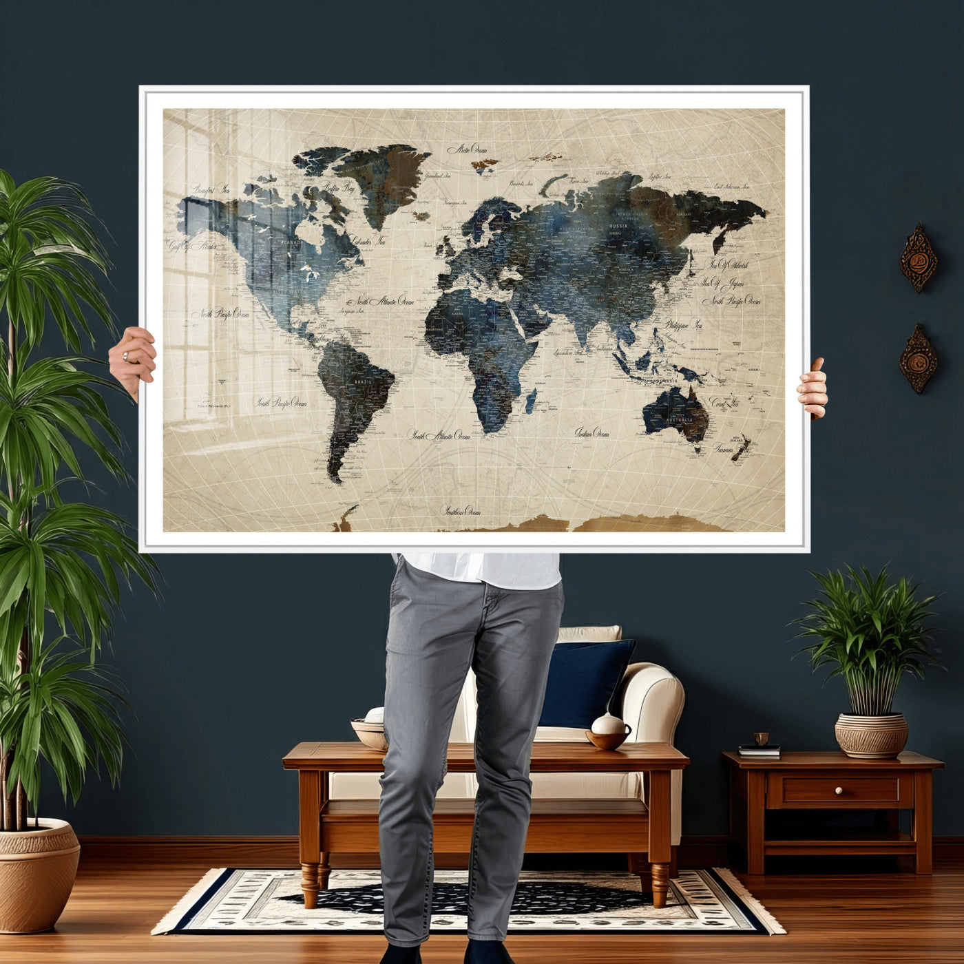 72927803-MGV-CV-36X24 - World Map Wall Art Canvas Print, Modern Decorative Framed Map Artwork Prints for Living Room, Office, Bedroom Wall Decor