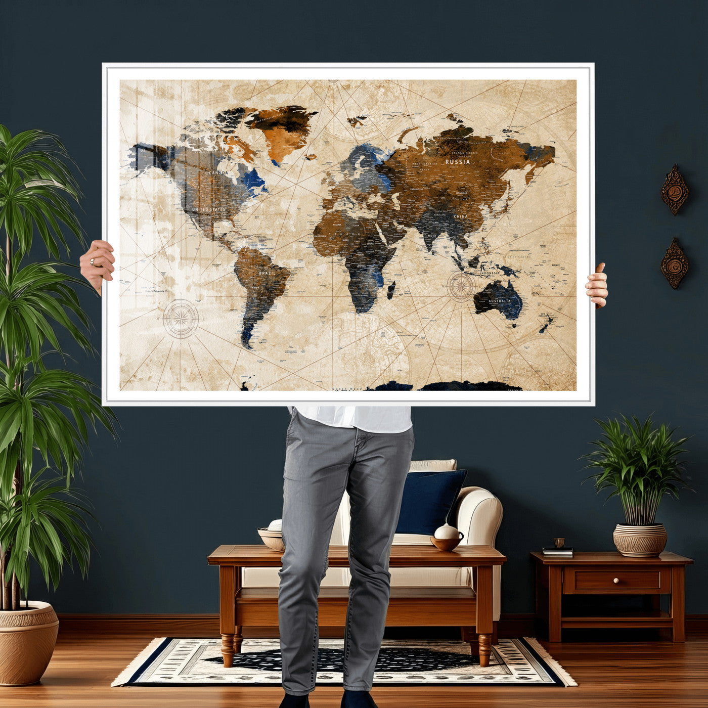 15727090-MGV-CV-36X24 - World Map Wall Art Canvas Print, Modern Decorative Framed Map Artwork Prints for Living Room, Office, Bedroom Wall Decor