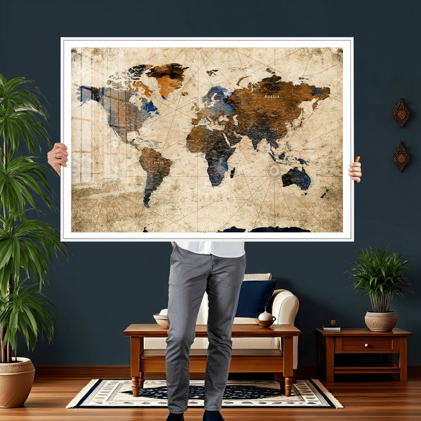 27163414-MGV-CV-36X24 - World Map Wall Art Canvas Print, Modern Decorative Framed Map Artwork Prints for Living Room, Office, Bedroom Wall Decor