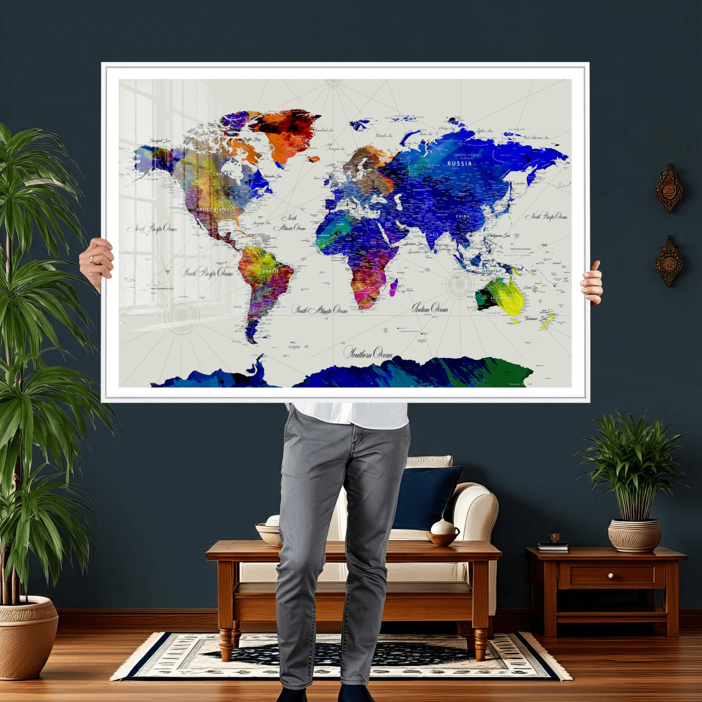 49670038-MGV-CV-36X24 - World Map Wall Art Canvas Print, Modern Decorative Framed Map Artwork Prints for Living Room, Office, Bedroom Wall Decor