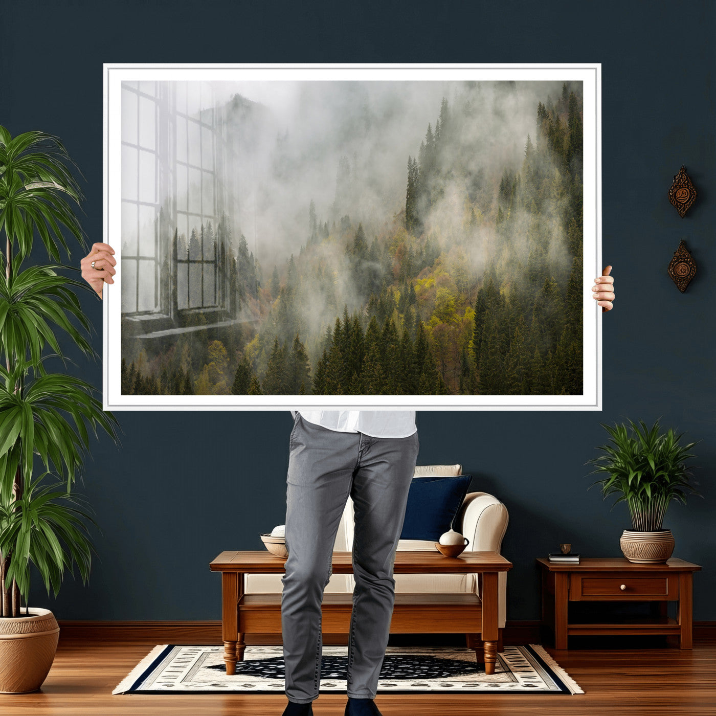 31152954-MGV-CV-36X24 - Misty Mountain Forest Canvas Print, Foggy Pine Trees Nature Wall Art, Framed Canvas Ready to Hang