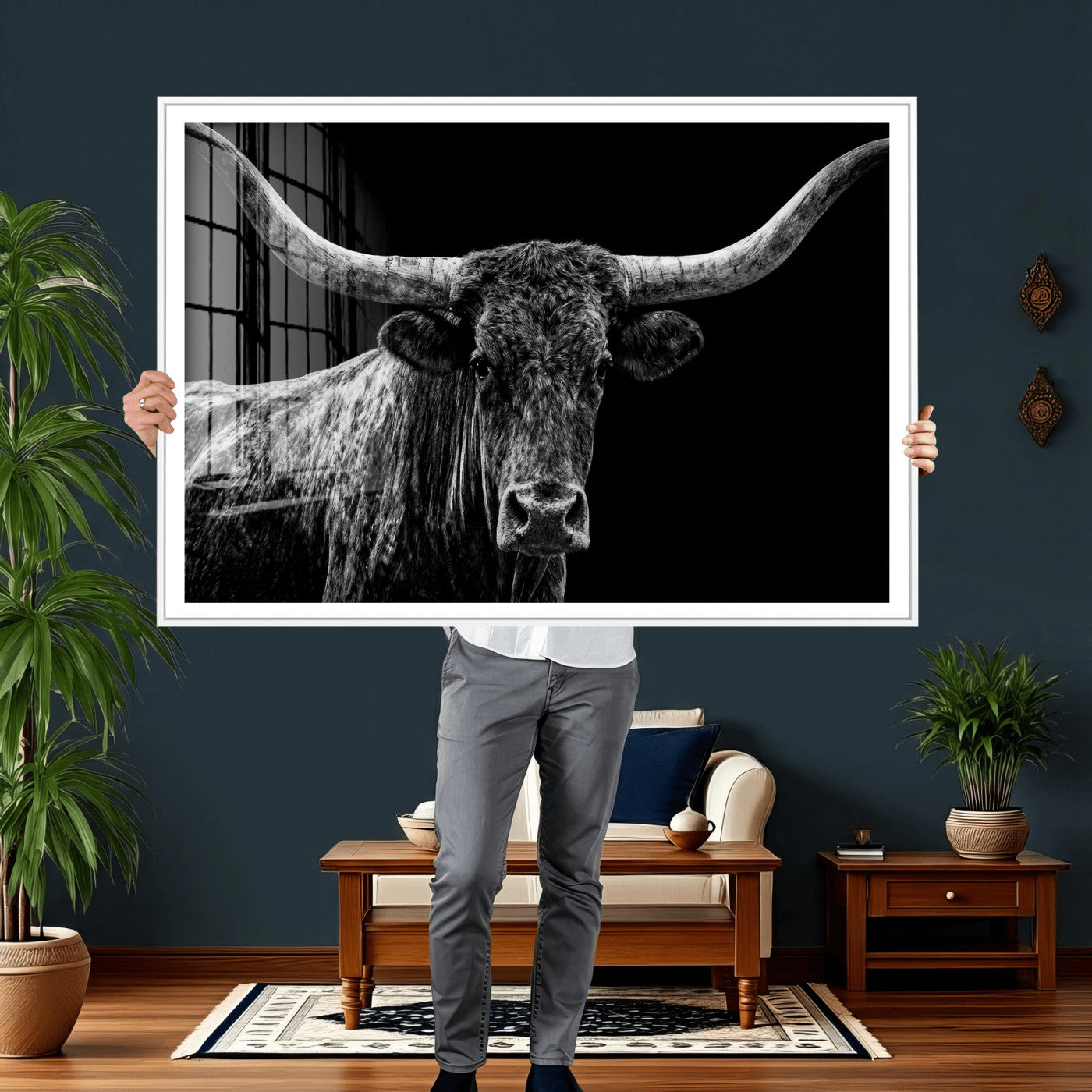86568508-MGV-CV-36X24 - Vintage Texas Longhorn Bull Wall Art Canvas Print, Texas Cow Portrait Print, Framed Bull Wall Art Ready to Hang