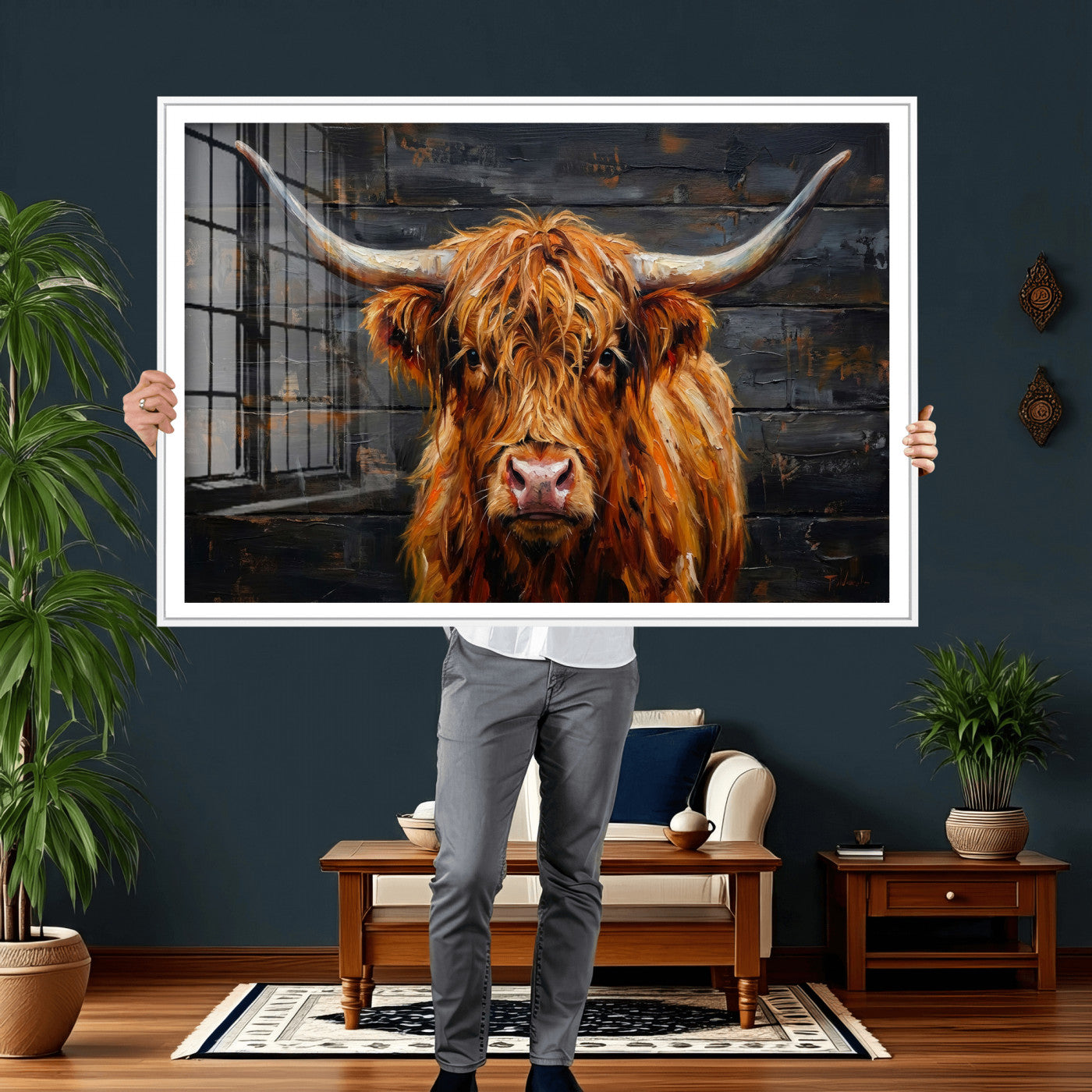 32536611-MGV-CV-36X24 - Highland Cow Wall Art Canvas Print, Rustic Farm Animal Painting, Framed Wall Art Ready to Hang