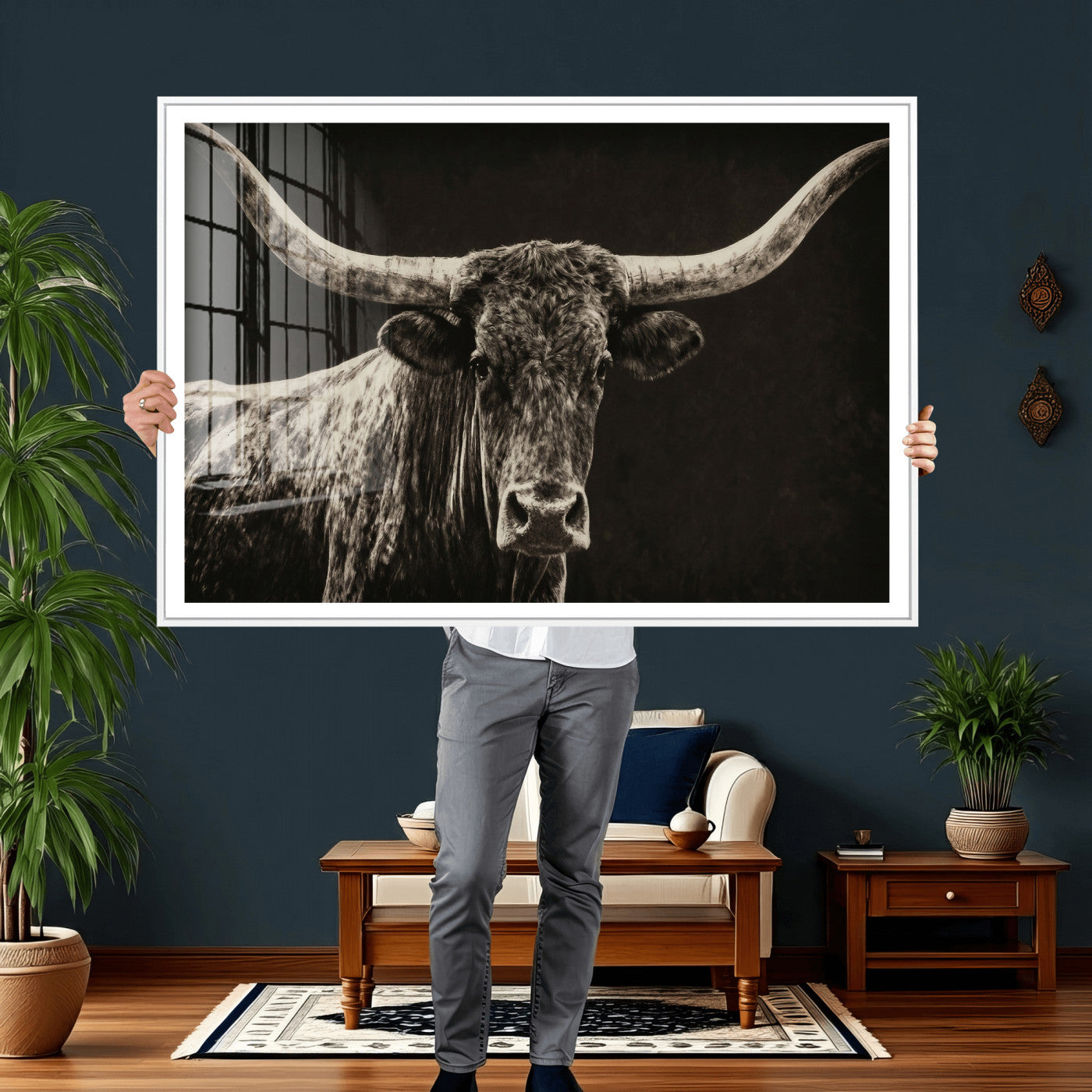 74513721-MGV-CV-36X24 - Vintage Texas Longhorn Bull Wall Art Canvas Print, Cow Portrait Photography Print, Framed Wall Art Ready to Hang