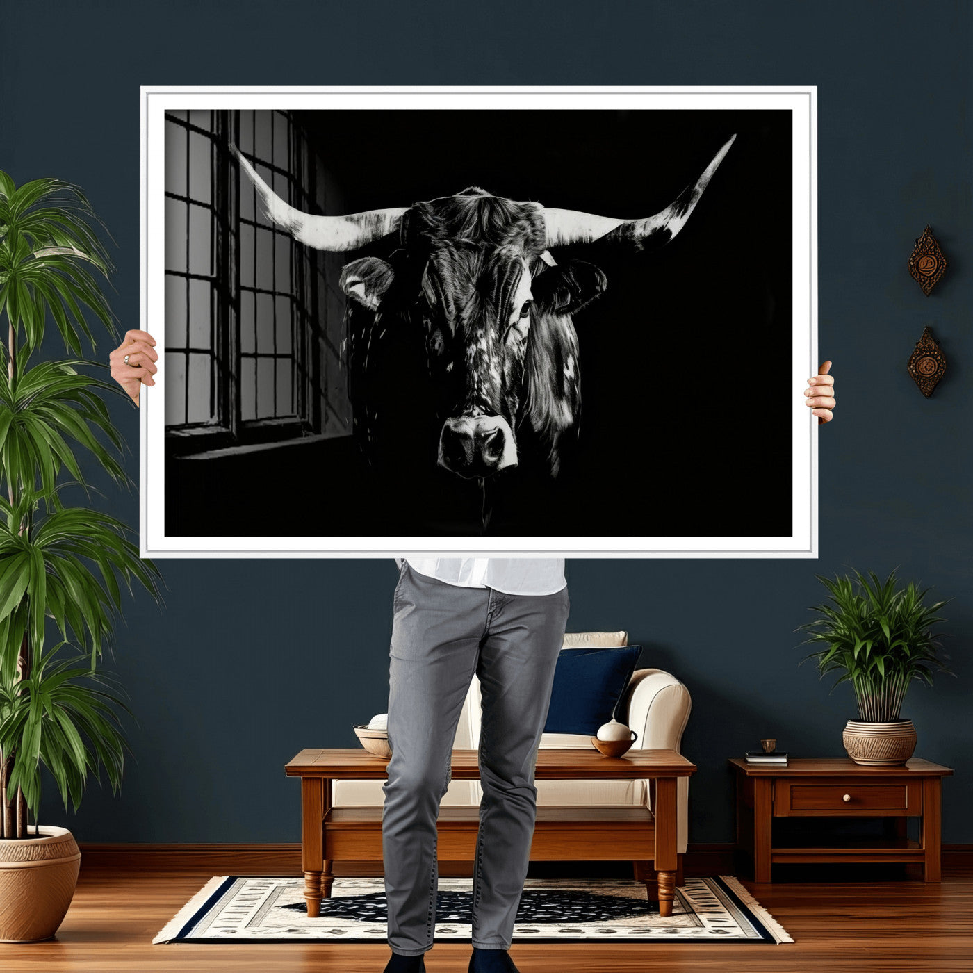 21436434-MGV-CV-36X24 - Black Bull Wall Art Canvas Print, Dark Longhorn Portrait Photography, Framed Wall Art Ready to Hang