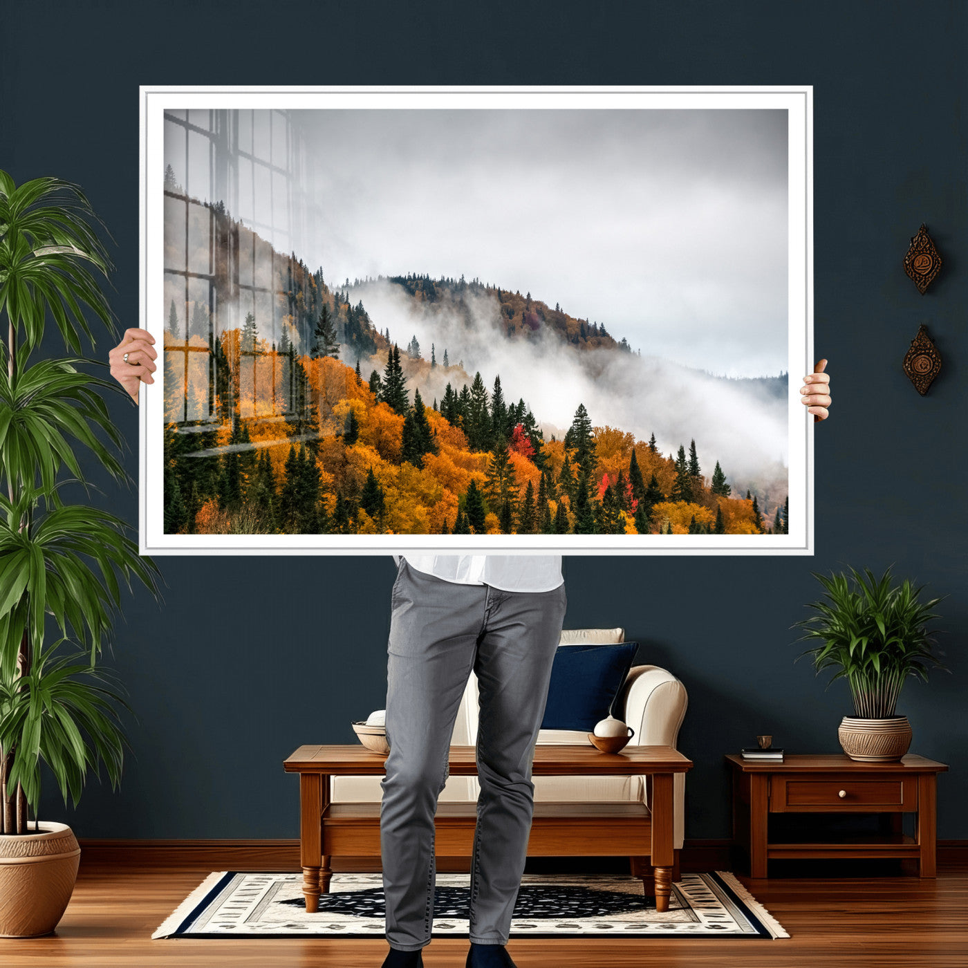 93581632-MGV-CV-36X24 - Autumn Forest Wall Art Canvas Print, Foggy Mountain Landscape Nature Photography, Framed Wall Art Ready to Hang