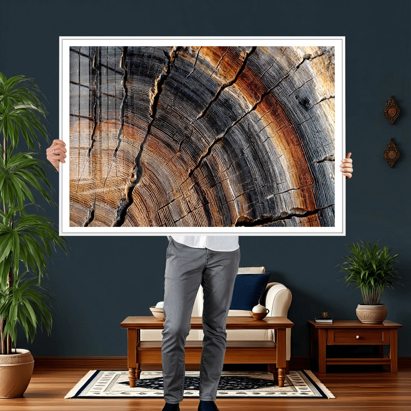 92693966E-MGV-CV-36X24 - Framed Large Abstract Wood Grain Canvas Print, Tree Ring Pattern Wall Art, Framed Canvas Ready to Hang