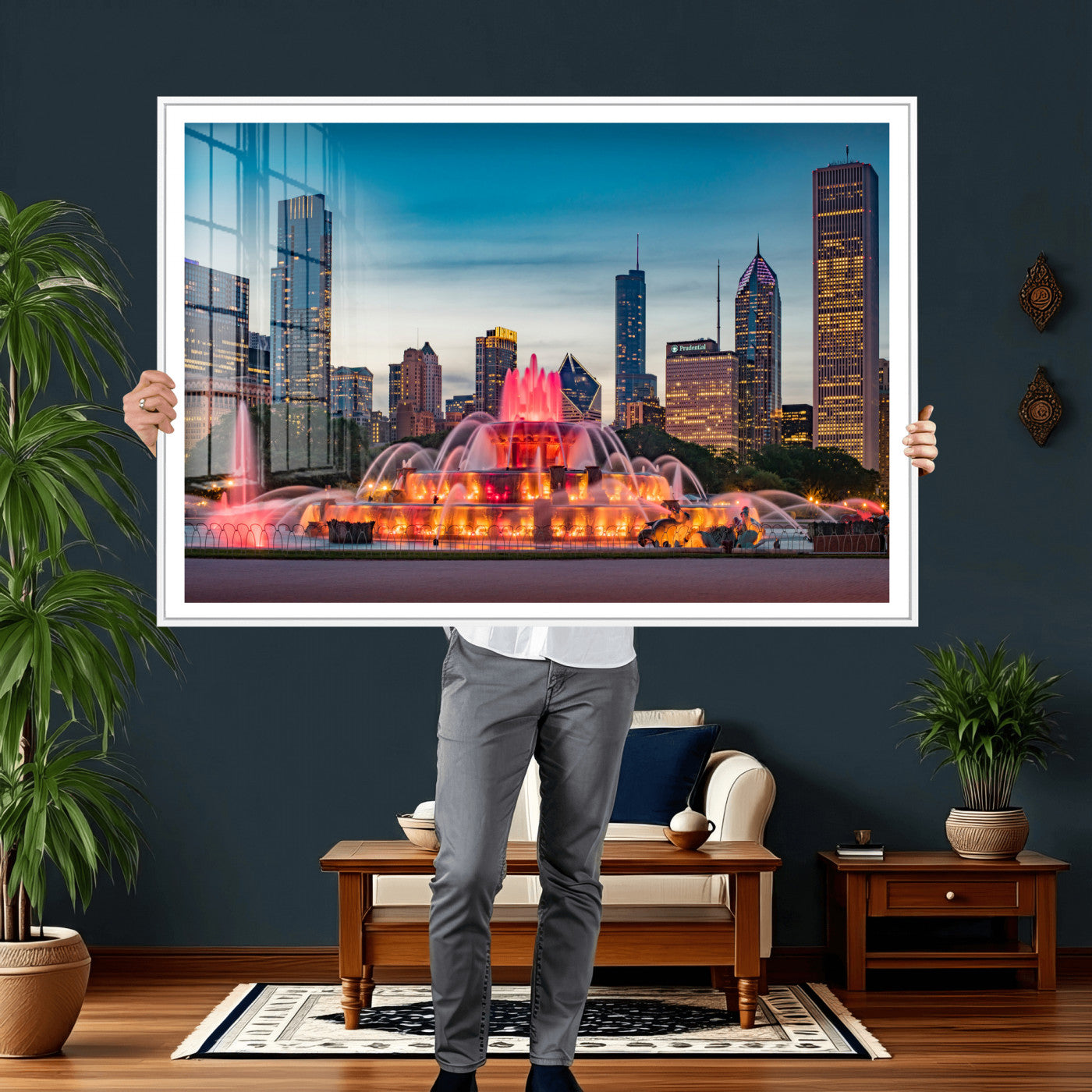 46805285-MGV-CV-36X24 - Chicago Wall Art Canvas Print, Chicago City Downtown Night Cityscape Print for Modern Urban Wall Decor