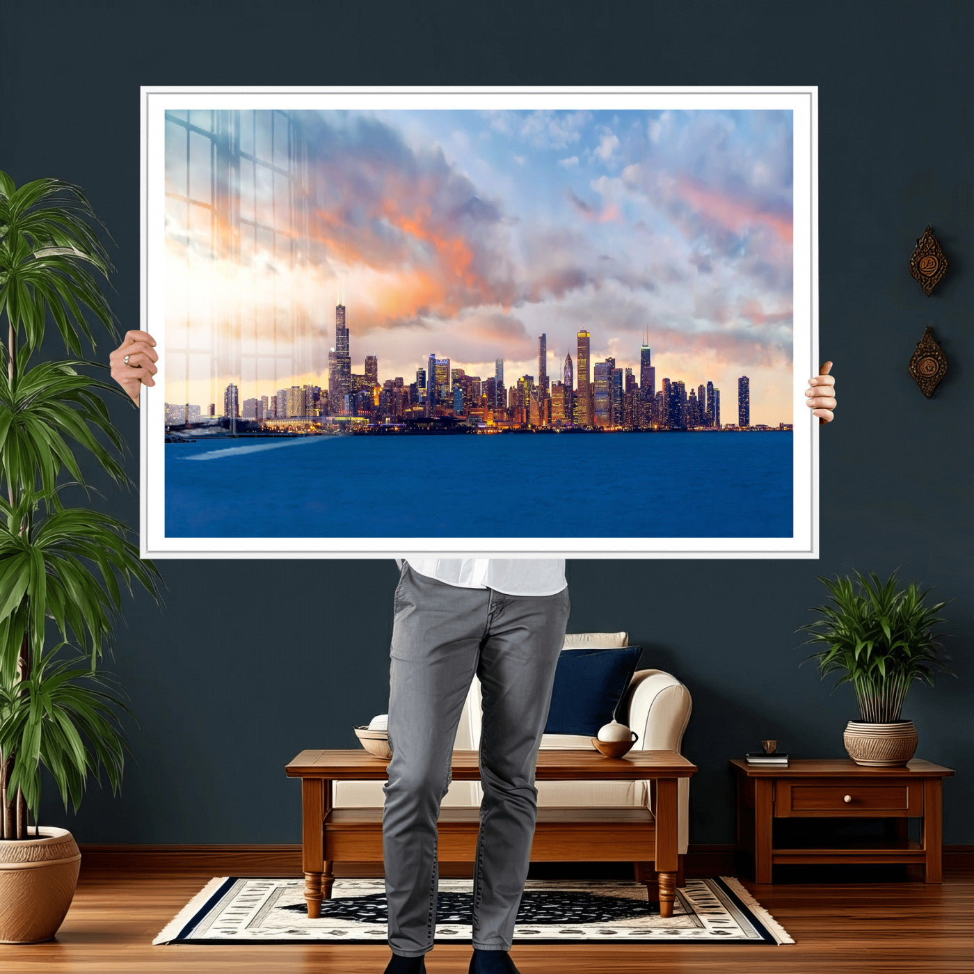 34667960-MGV-CV-36X24 - Chicago Wall Art Canvas Print, Chicago City Downtown Night Cityscape Print for Modern Urban Wall Decor
