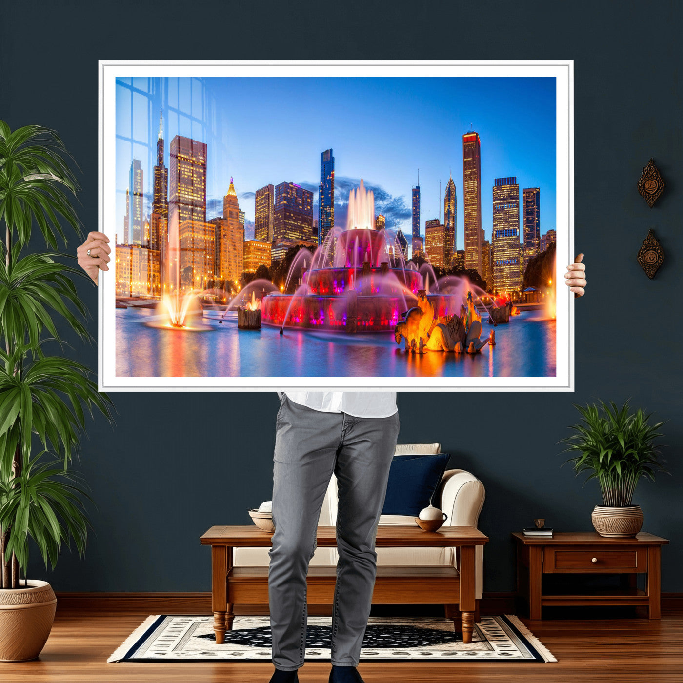 20251989-MGV-CV-36X24 - Chicago Wall Art Canvas Print, Chicago City Downtown Night Cityscape Print for Modern Urban Wall Decor