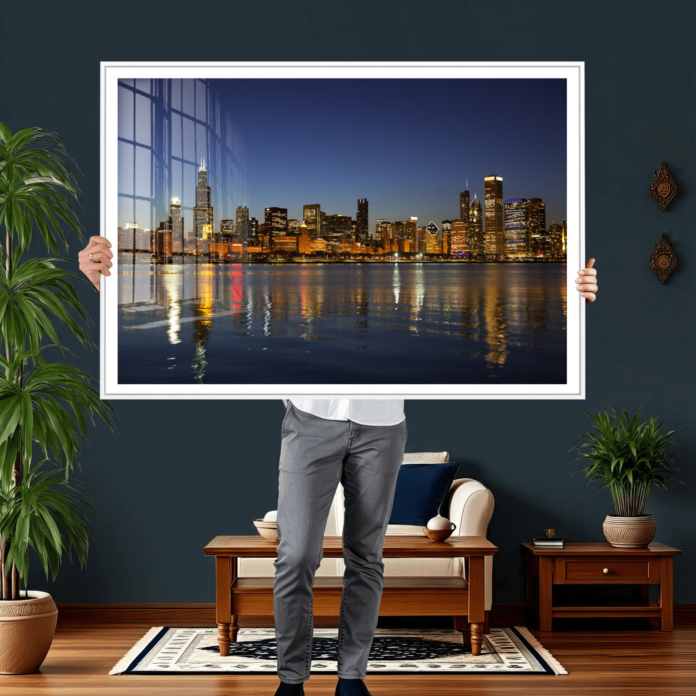 67308035-MGV-CV-36X24 - Chicago Wall Art Canvas Print, Chicago City Downtown Night Cityscape Print for Modern Urban Wall Decor
