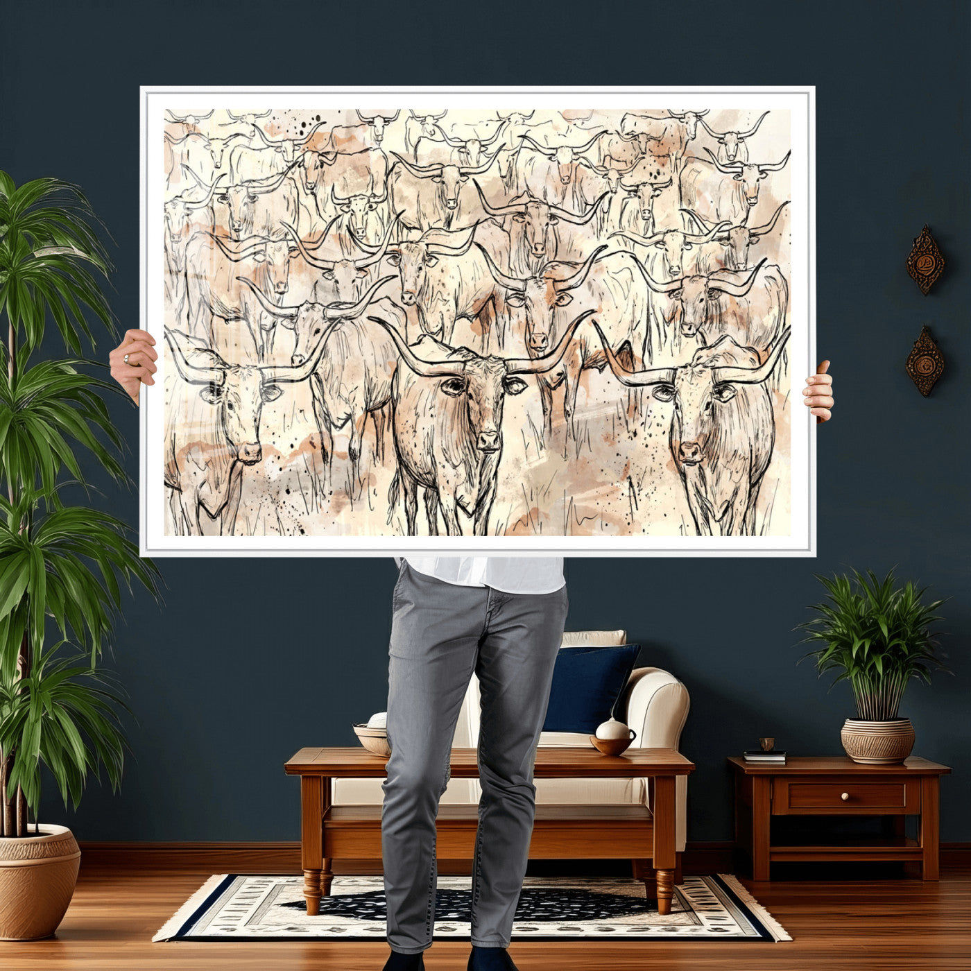94055403-MGV-CV-36X24 - Farmhouse Animals Wall Art Canvas Print - Abstract Farm Animal Drawing Mid-Century Wall Art for Cabin Decor