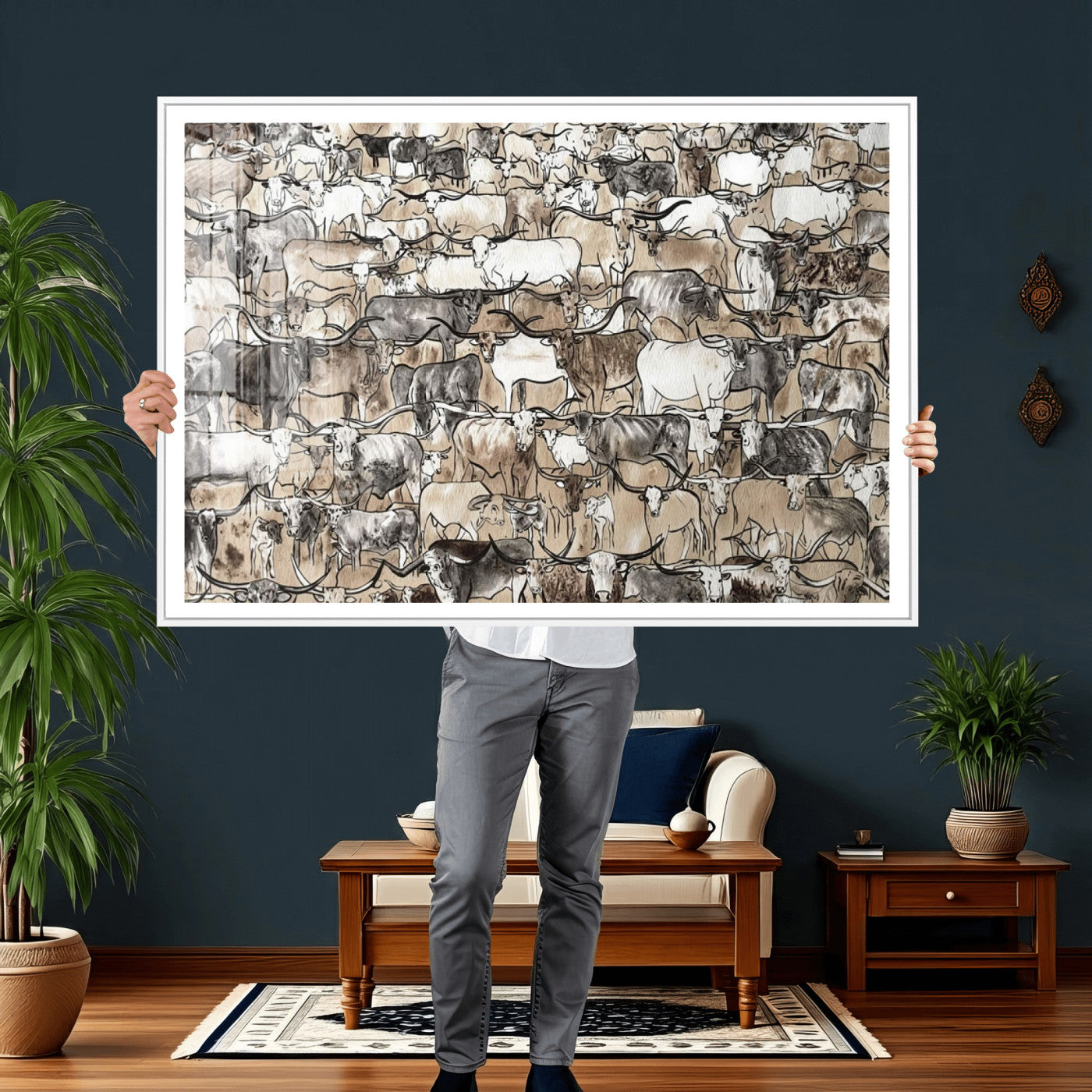 64368752-MGV-CV-36X24 - Farmhouse Animals Wall Art Canvas Print - Abstract Farm Animal Drawing Mid-Century Wall Art for Cabin Decor