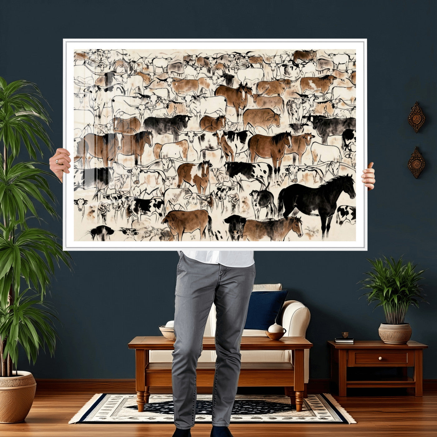 86150485-MGV-CV-36X24 - Farmhouse Animals Wall Art Canvas Print - Abstract Farm Animal Drawing Mid-Century Wall Art for Cabin Decor