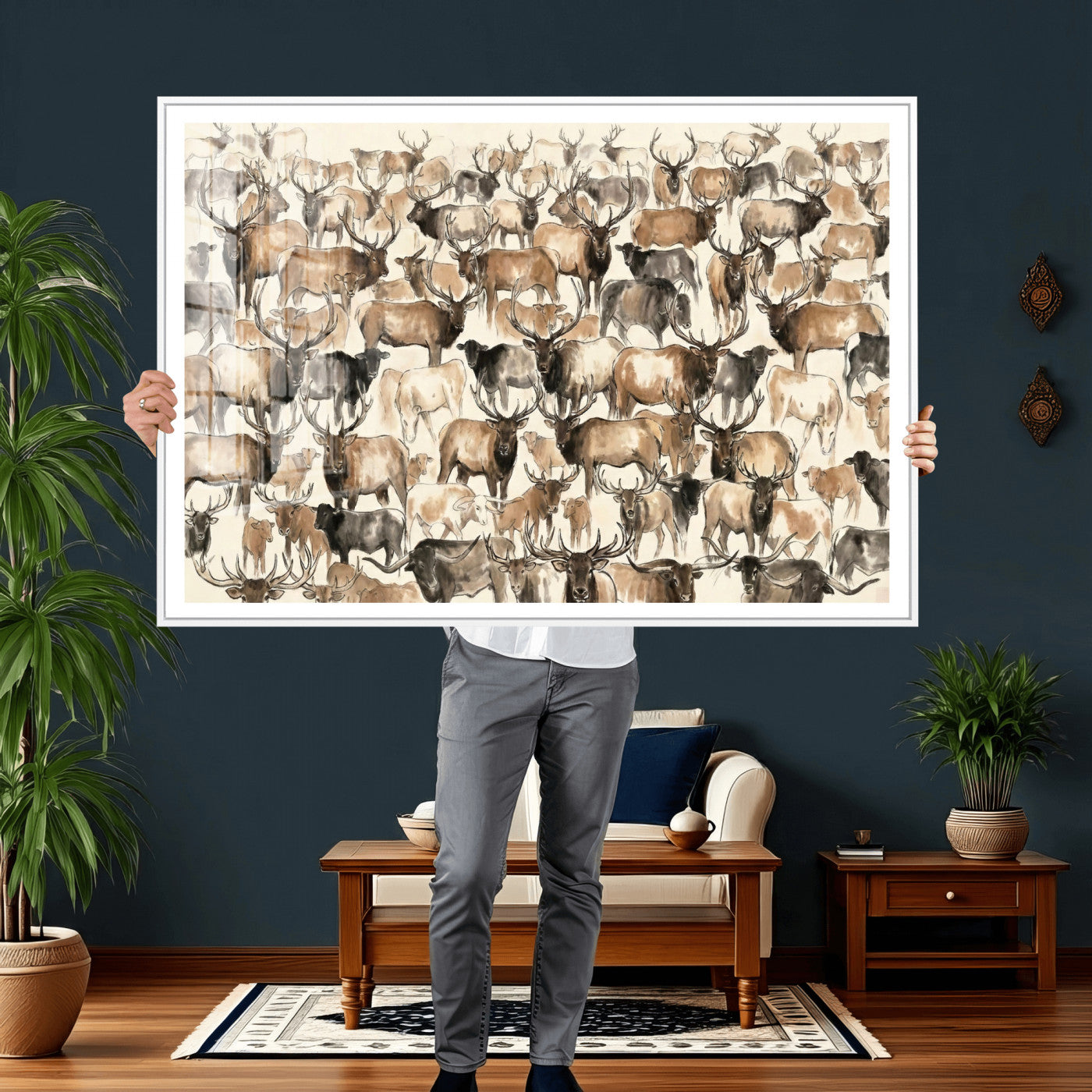 24374881-MGV-CV-36X24 - Farmhouse Animals Wall Art Canvas Print - Abstract Farm Animal Drawing Mid-Century Wall Art for Cabin Decor