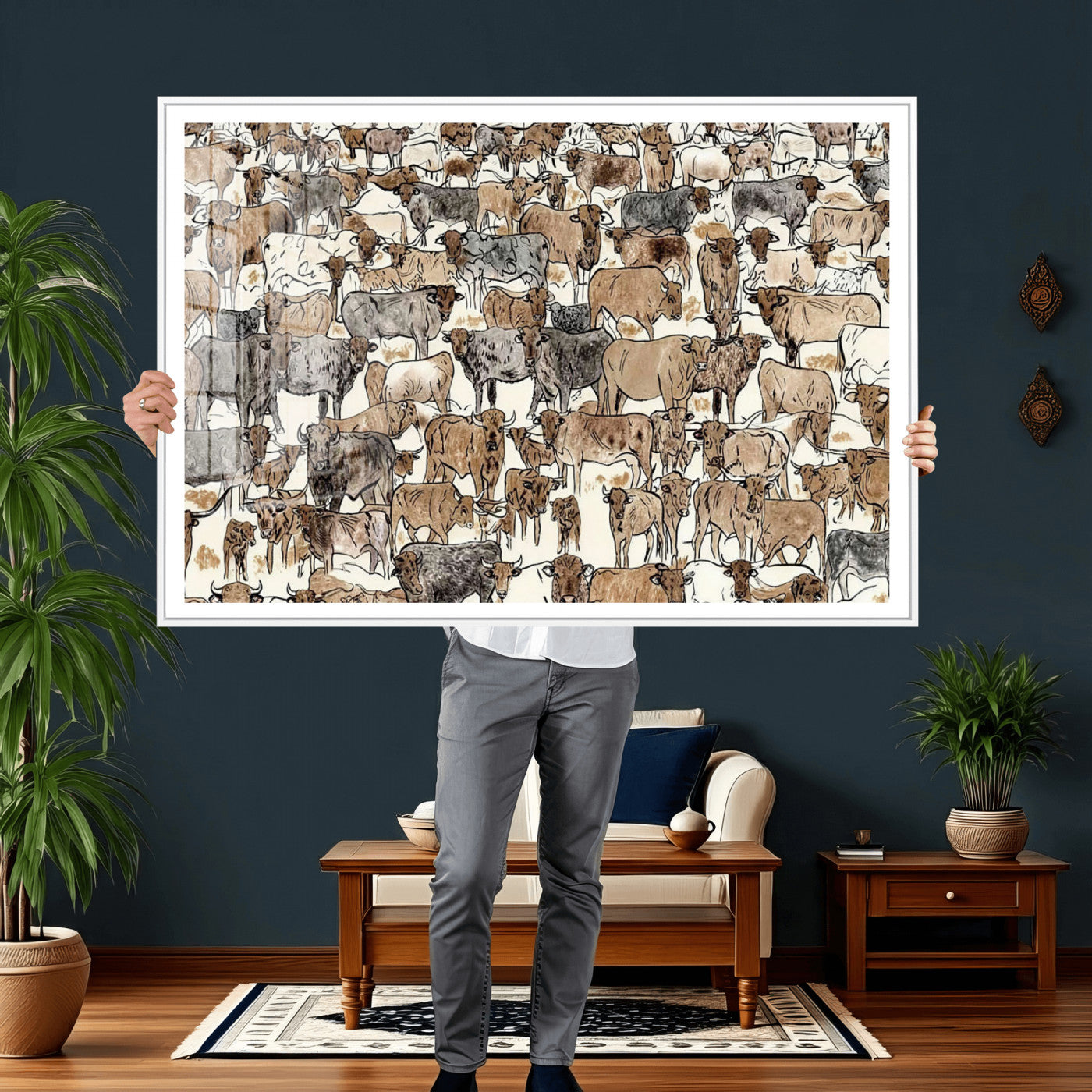 76902119-MGV-CV-36X24 - Farmhouse Animals Wall Art Canvas Print - Abstract Farm Animal Drawing Mid-Century Wall Art for Cabin Decor
