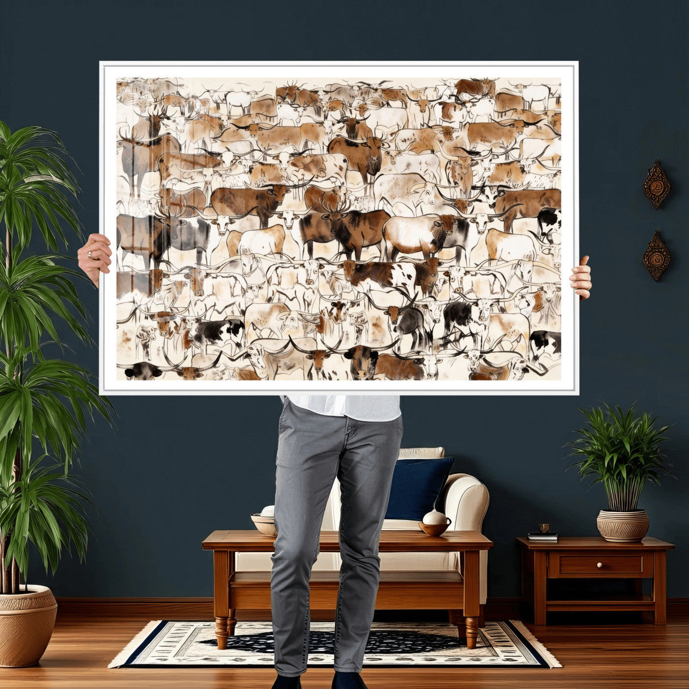 81416572-MGV-CV-36X24 - Farmhouse Animals Wall Art Canvas Print - Abstract Farm Animal Drawing Mid-Century Wall Art for Cabin Decor