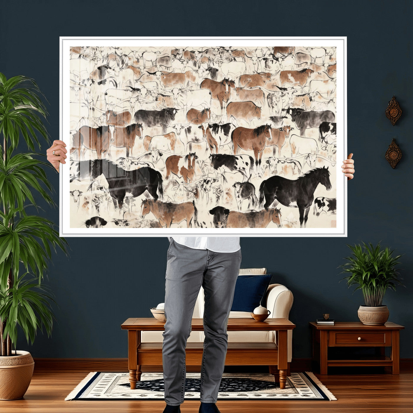74171578-MGV-CV-36X24 - Farmhouse Animals Wall Art Canvas Print - Abstract Farm Animal Drawing Mid-Century Wall Art for Cabin Decor