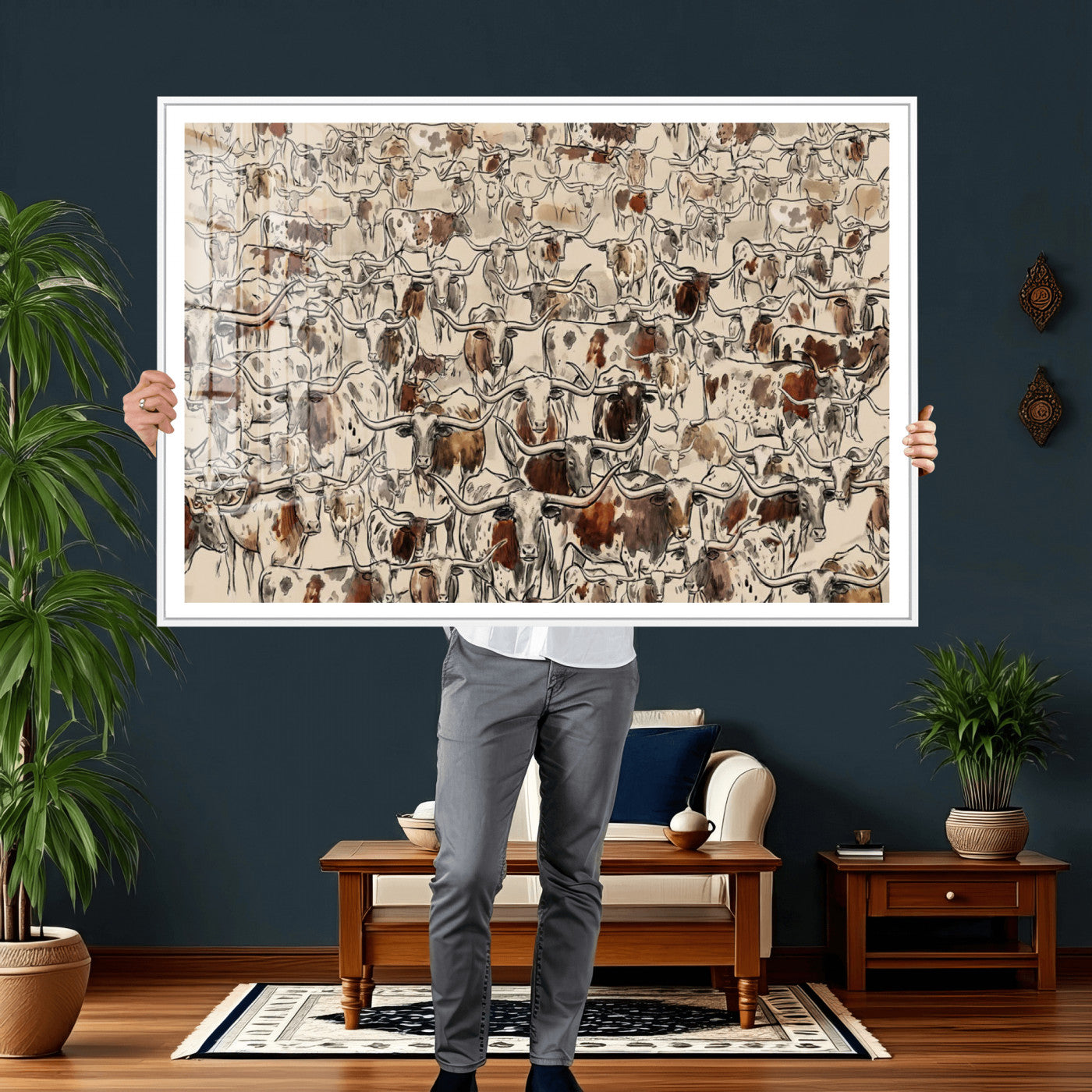 94808502-MGV-CV-36X24 - Farmhouse Animals Wall Art Canvas Print - Abstract Farm Animal Drawing Mid-Century Wall Art for Cabin Decor