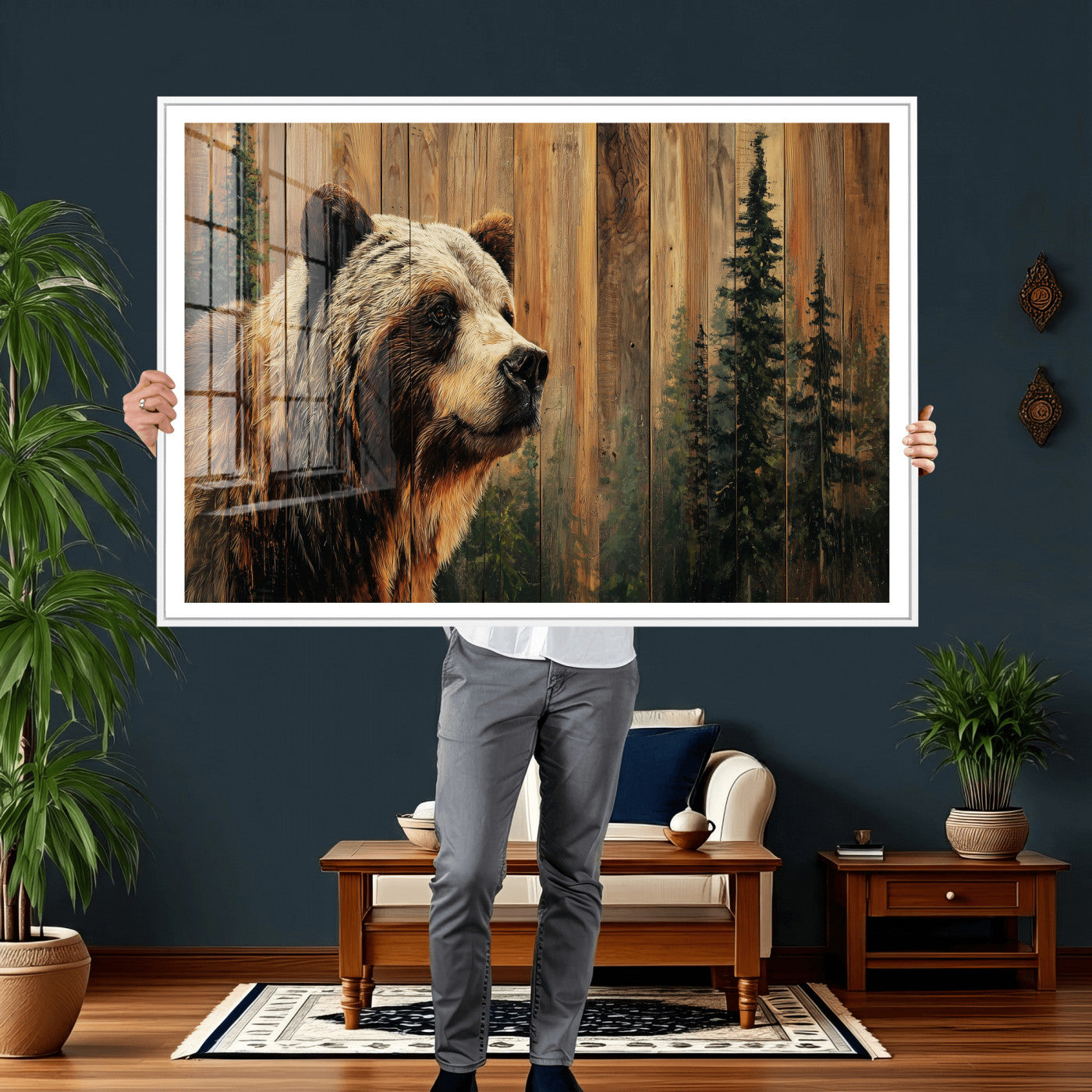 75645180-MGV-CV-36X24 - Grizzly Bear Wall Art Canvas Print, Rustic Wildlife Bear Artwork, Forest Animal Painting, Cabin Lodge Nature Wall Decor